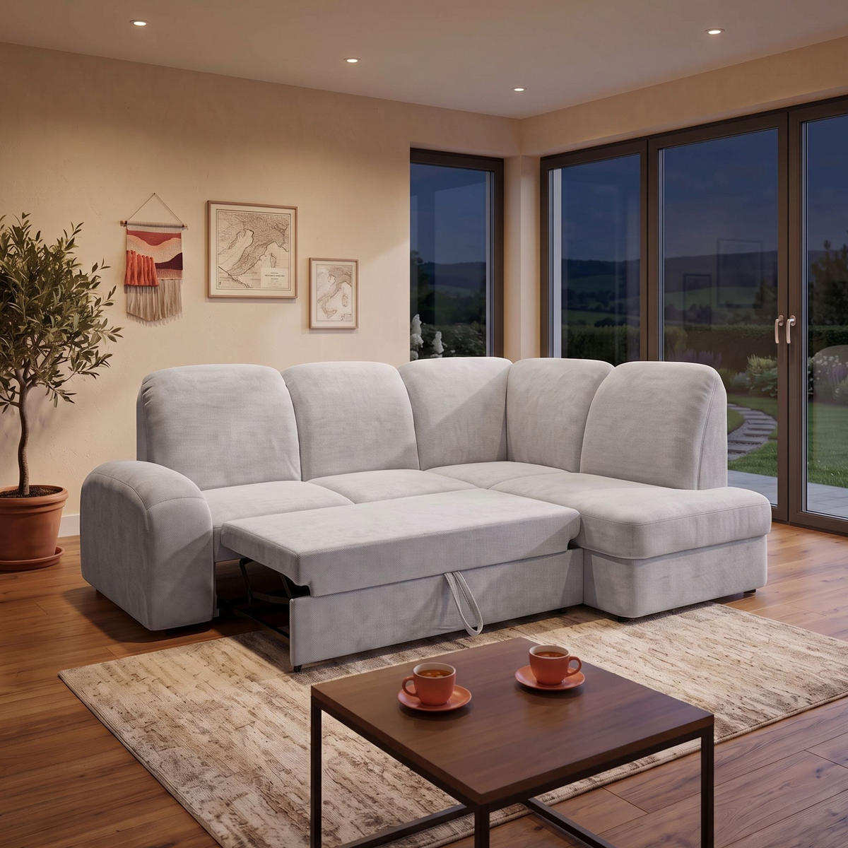 ECKSOFA VIBE L Rechts mit Schlaffunktion 129x205 Chenille Hellgrau - Hellgrau/Schwarz, Holz/Kunststoff (250/186cm) - Muffo