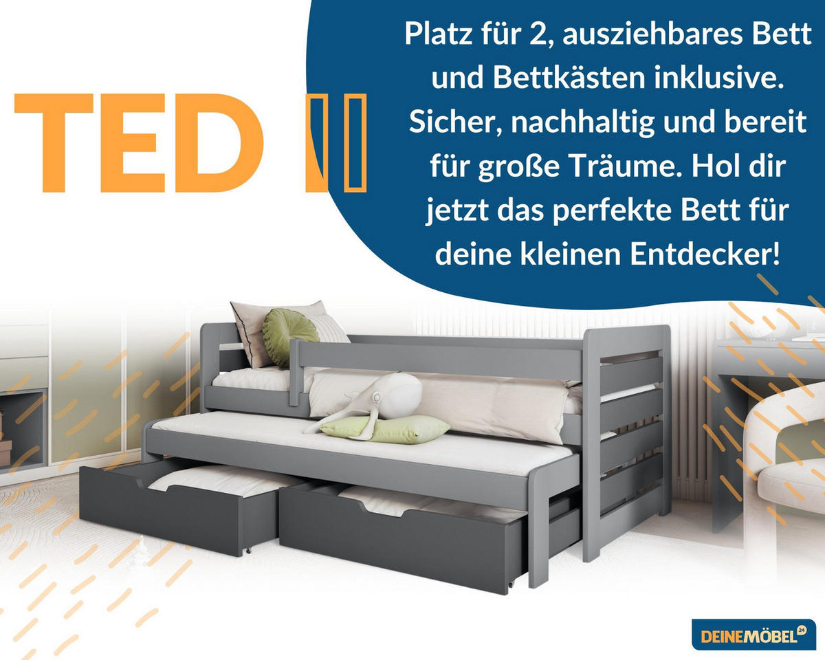 KINDERBETT TED II 90/200 in Grau/Graphit - Graphitfarben/Grau, Holz/Holzwerkstoff (90/200cm) - Deine Möbel 24