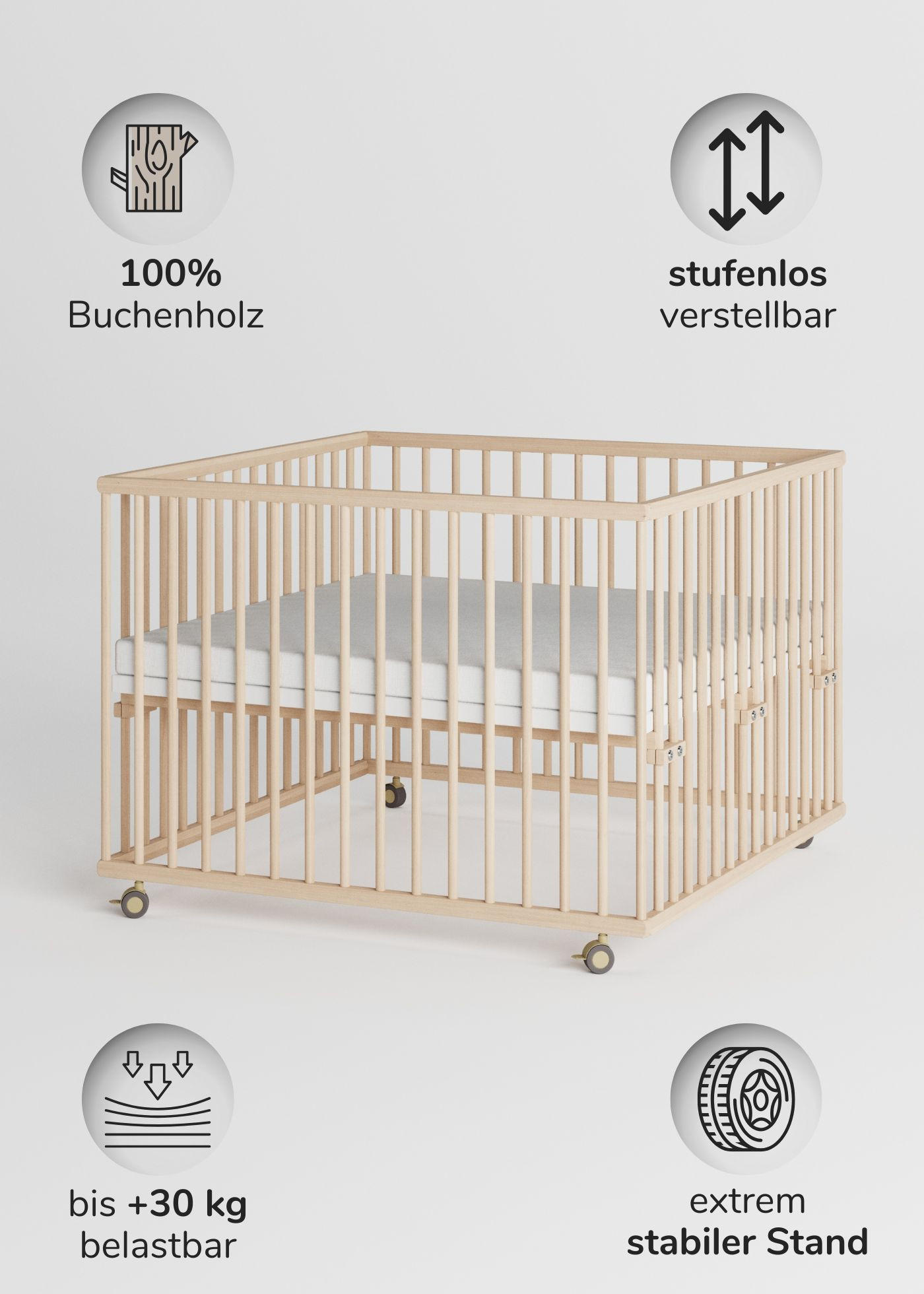 LAUFGITTER 100x100 cm mit Matratze - natur - Premium Kollektion - Naturfarben, Holz (100/74/100cm) - Sämann – make a difference.