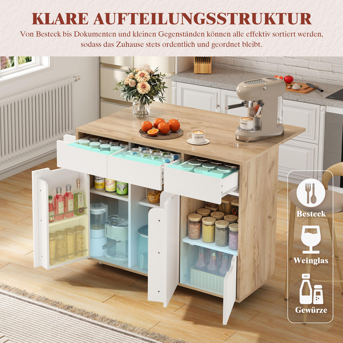 KÜCHENINSEL in Weiß Servierwagen mit Schubladen und 360°-Lenkrollen für Küche und Wohnzimmer, B120/T46/H85 cm - Weiß, Holzwerkstoff/Metall (120/85/46cm) - STILVORA