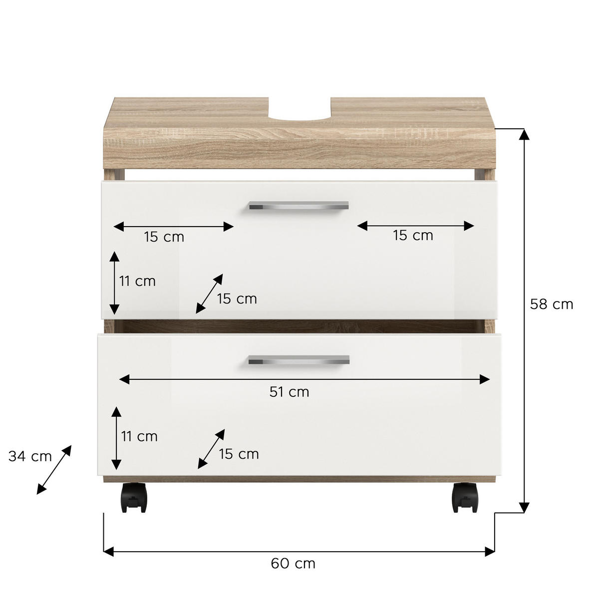 WASCHBECKENUNTERSCHRANK LAMBADA (B/H/T: ca. 60/60/34 cm) in Sonoma Eiche hell Nachbildung/weiß hochglanz - Sonoma Eiche, Holzwerkstoff (60/60/34cm)