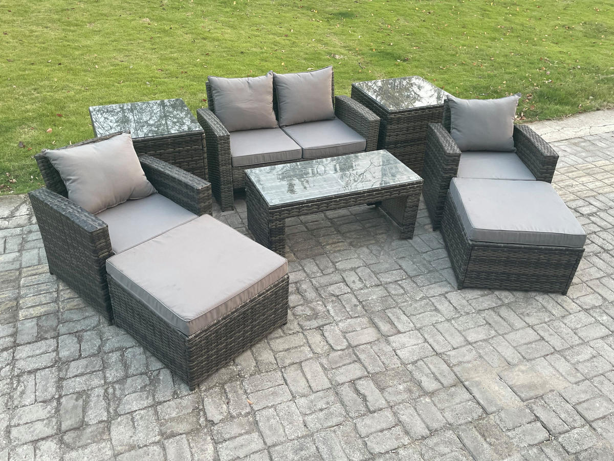 GARTENSET Polyrattan Dunkelgrau Gemischt - Dunkelgrau, Metall - Fimous