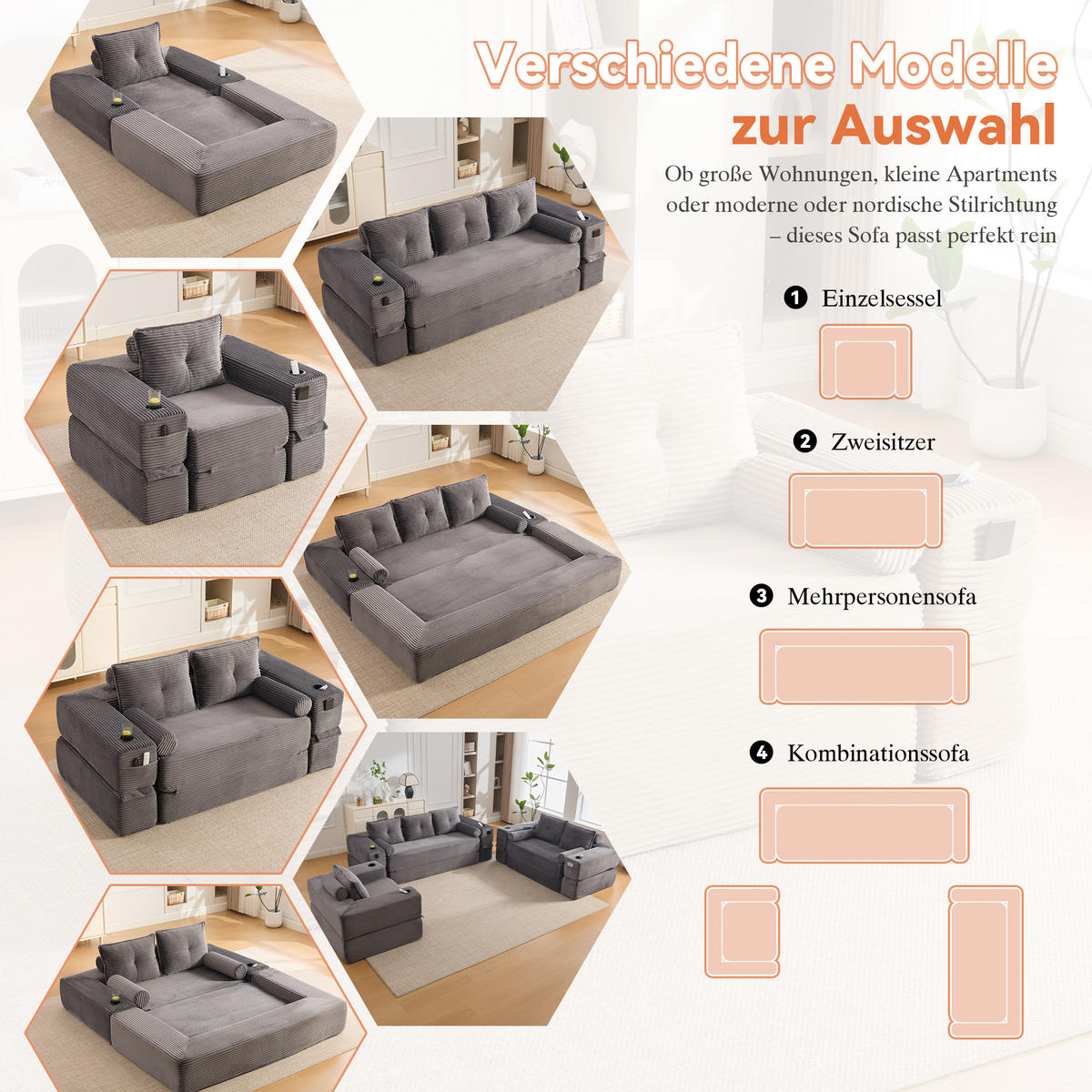SCHLAFSOFA mit Schlafunktion, Getränkehalter und Federkern aus Cord - Dunkelgrau, Textil (122/80/98cm) - EVRYAE