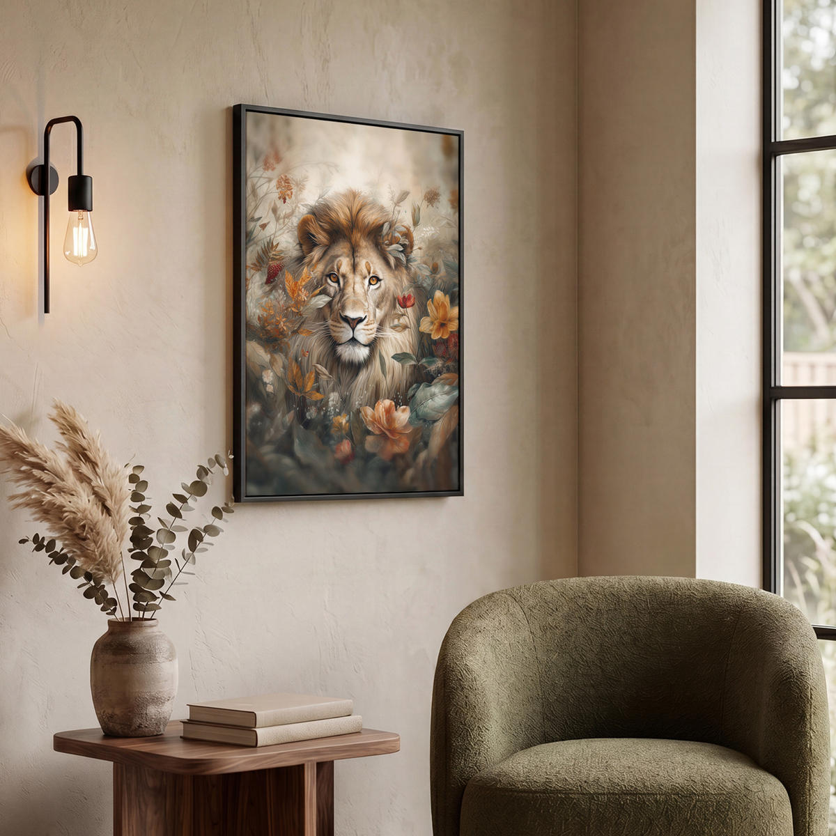 LEINWAND Bilder mit Rahmen - Löwe - Wildtiere - Pflanzen - Natur - Blumen - 50x70 - Beige, Textil (50/70cm) - MuchoWow