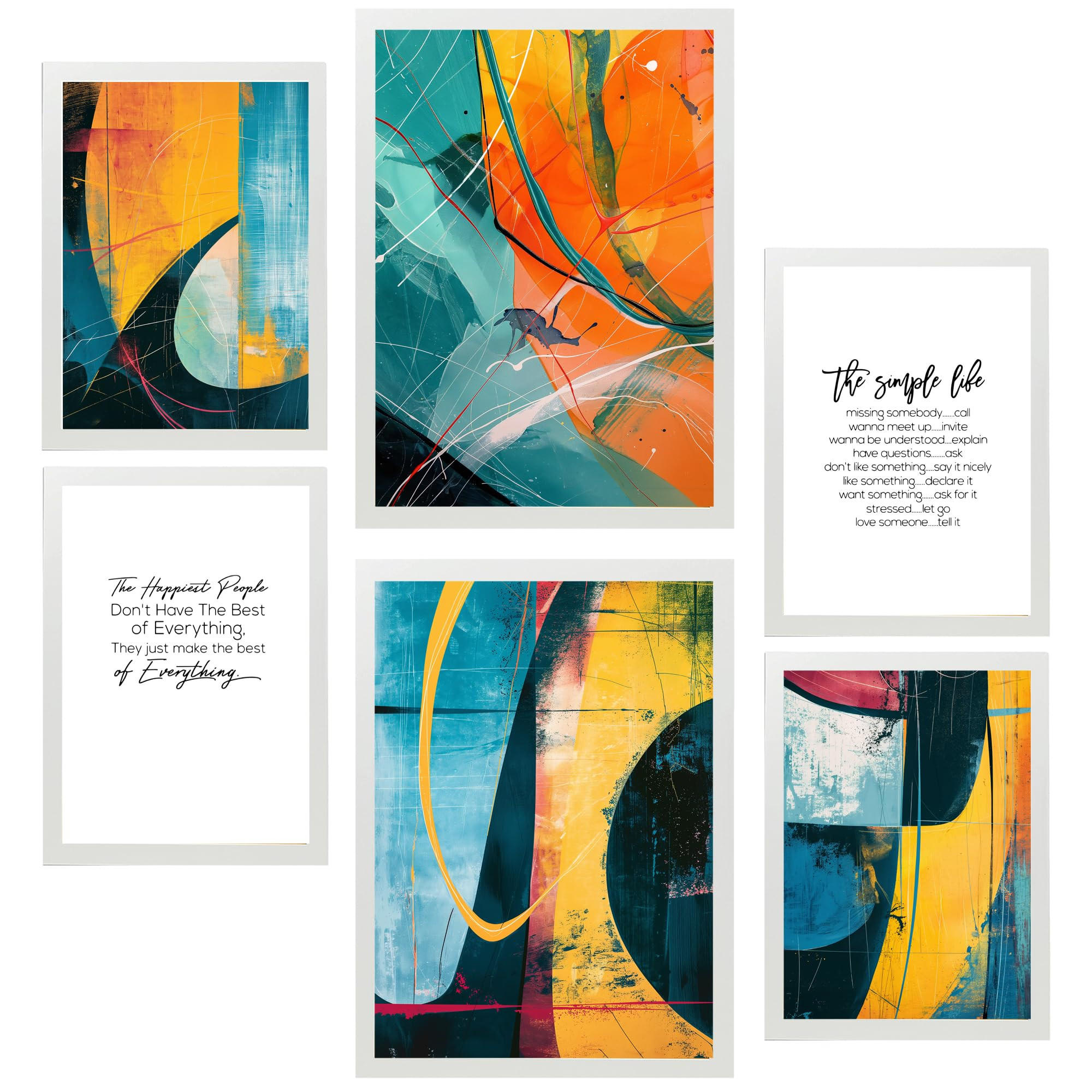 POSTER Set Mit 6 Abstrakte Farben Gelb Orange Blaue Formen A3 & A4 Weißer Rahmen - Weiß, Papier (29/3cm) - Nacnic