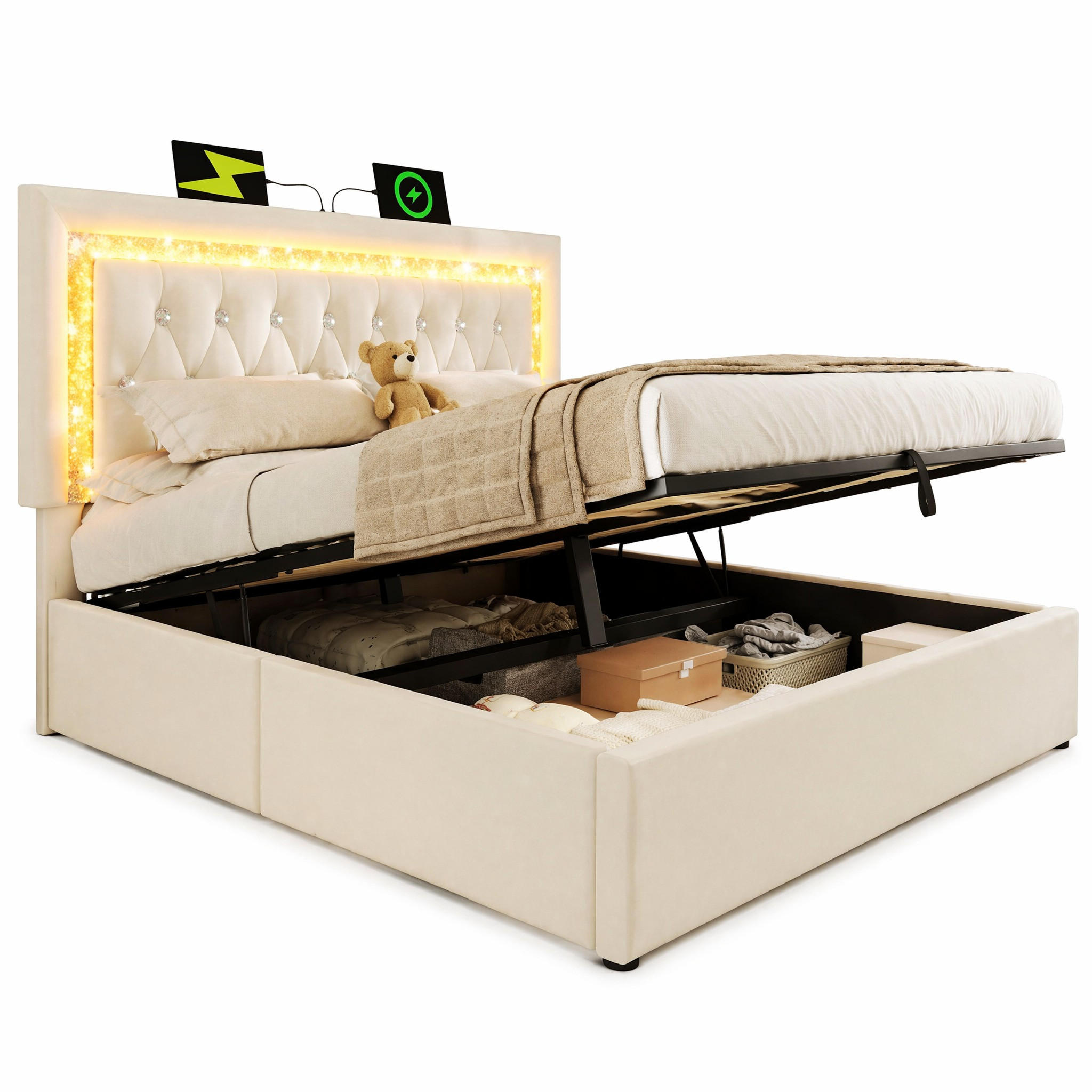 POLSTERBETT 180/200 cm in Beige mit Bettkasten, LED und USB/Type-C Samt mit Rautensteppung - Beige, Holzwerkstoff/Textil (180/200cm) - STILVORA