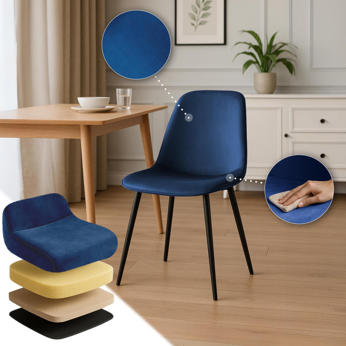 ESSZIMMERSTUHL 4er Set Samt Dunkelblau - Schwarz/Dunkelblau, Textil/Metall (45/88/54cm) - CLP