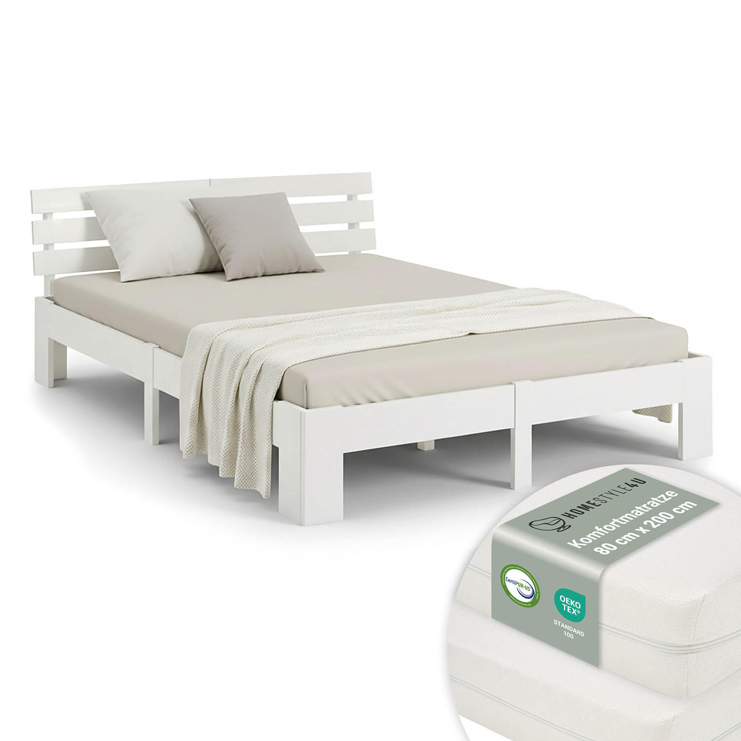 HOLZBETT Weiß 160/200 cm Doppelbett mit Matratze - Weiß, Holz (160/200cm) - Homestyle4u