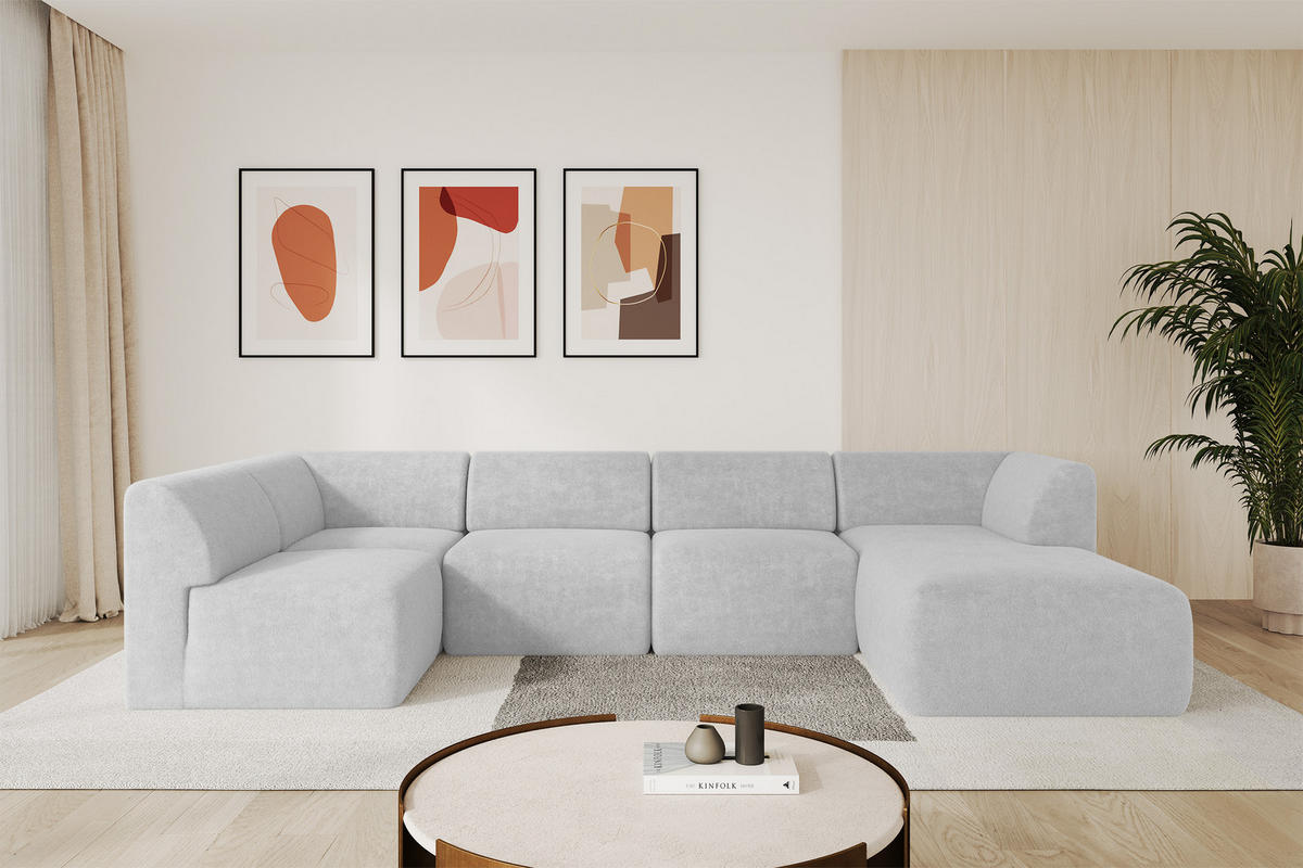 WOHNLANDSCHAFT Ottomane Rechts MOVO-L 345x180x78 cm Hellgrau Tissu - Nickelfarben, Holzwerkstoff/Kunststoff (180/78/345cm) - ALTDECOR