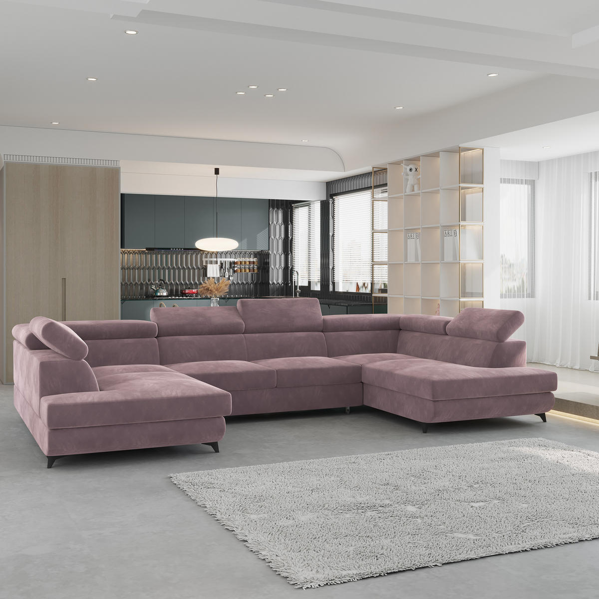 WOHNLANDSCHAFT VINTESSA Lila Velours-Stoff mit Schlaffunktion - Lila, Holz (323/89/190cm) - MASSENO