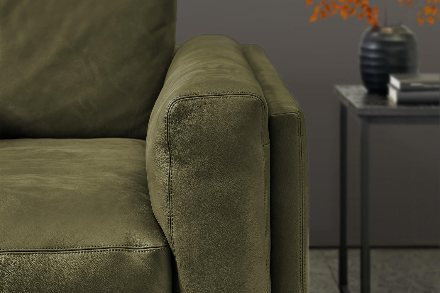 BIG SOFA RAINA Grün Leder - Schwarz/Olivgrün, Leder/Kunststoff (294/85/150cm) - KAWOLA
