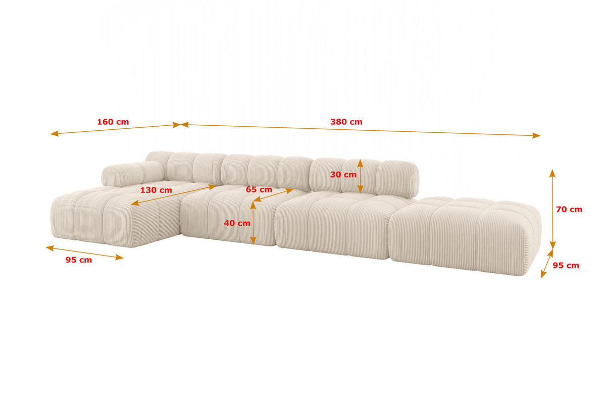 ECKSOFA modulares Sofa Lizur-L2 - 380x160x70 cm Beige Cord - Beige, Holzwerkstoff/Textil (380/160cm) - ALTDECOR