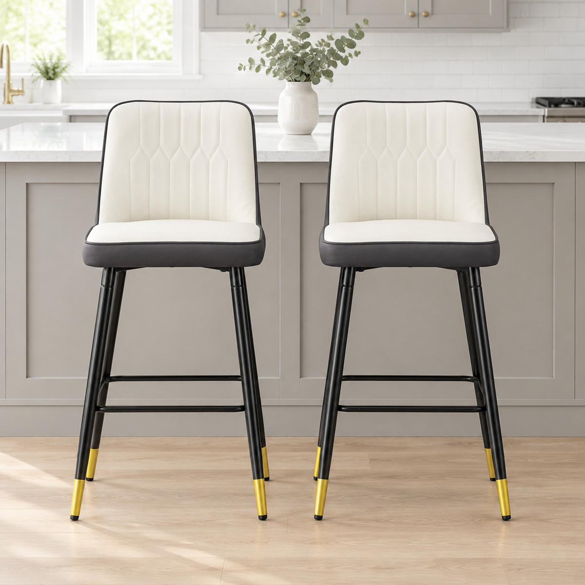 BARHOCKER 2er-Set 100 cm Weiß/Dunkelgrau mit Rückenlehne und Fußraste - Dunkelgrau, Metall (45/100/42cm) - MIVRAY