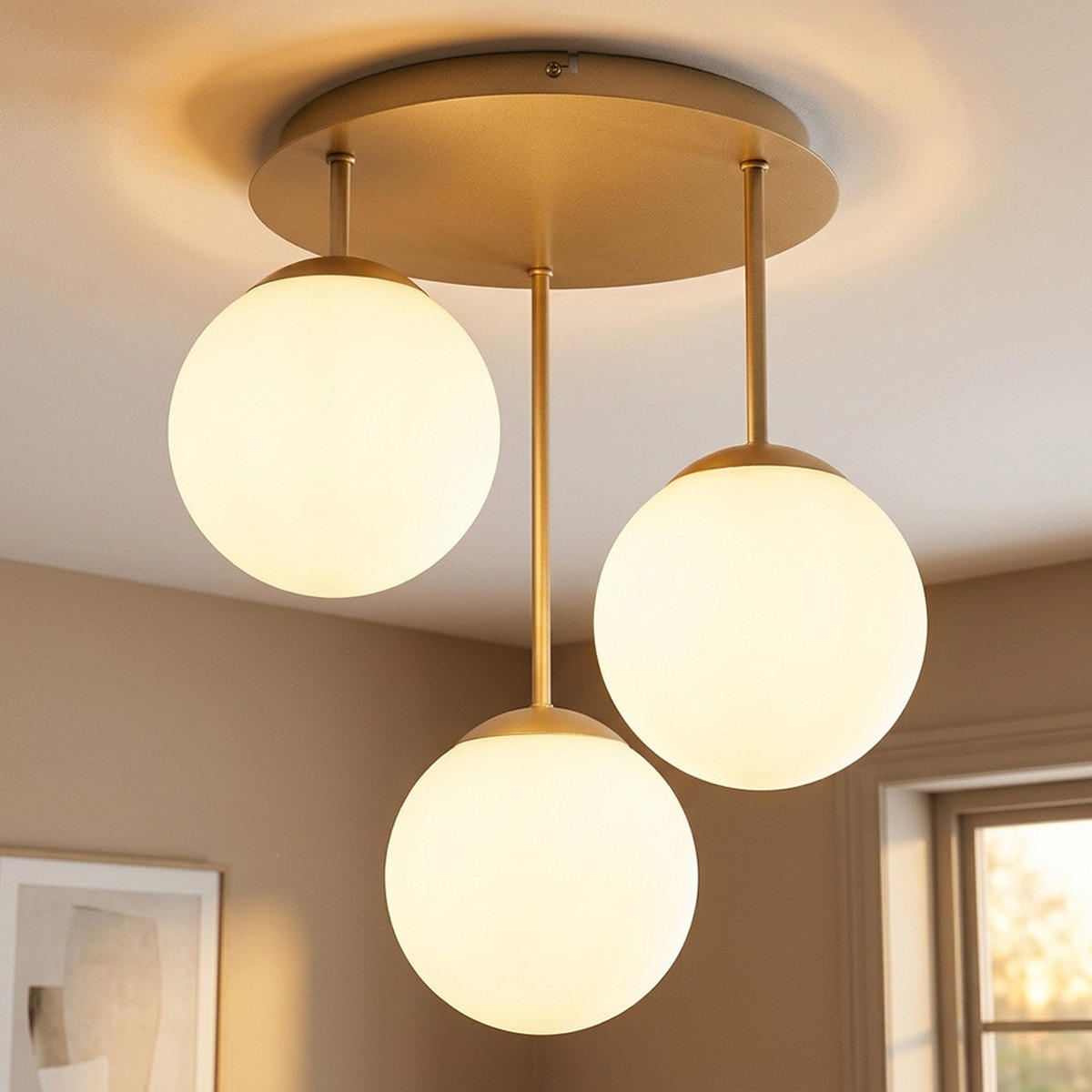 DECKENLEUCHTE HARMON Metall Champagner matt Glas opal 3x E14 - Champagner, Glas (34/32.5/40cm) - Globo Lighting