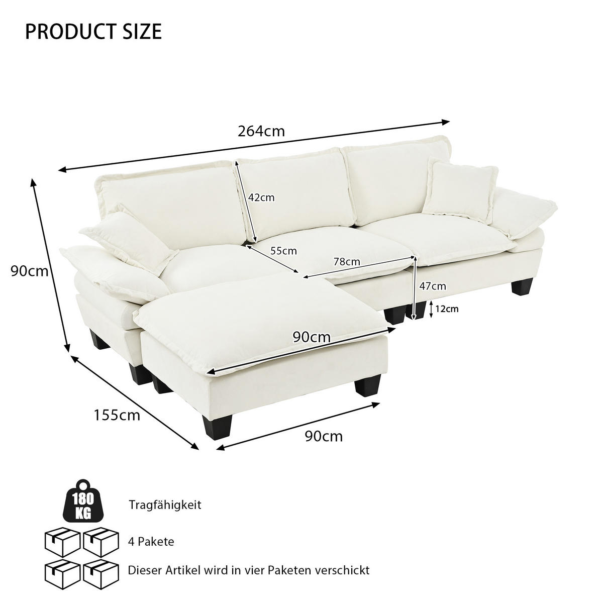 ECKSOFA 263/151/90 cm beige aus Chenille mit Ottomane - Beige, Textil (151/263cm) - OKWISH
