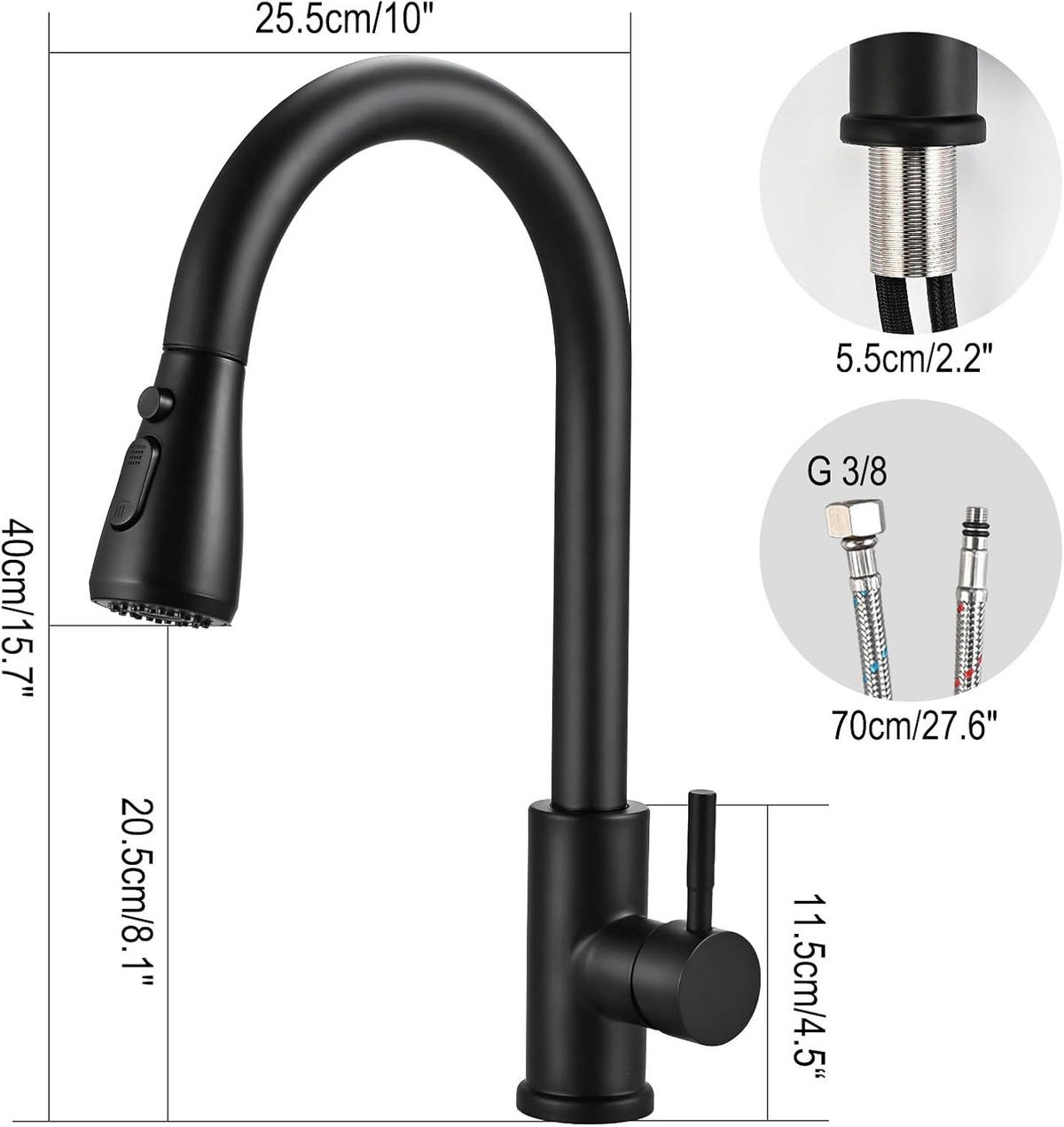 WASCHTISCHARMATUR , 360°-Auszieh-Küchenarmatur - Schwarz, Metall (25.5/11.5/40cm) - BELZ