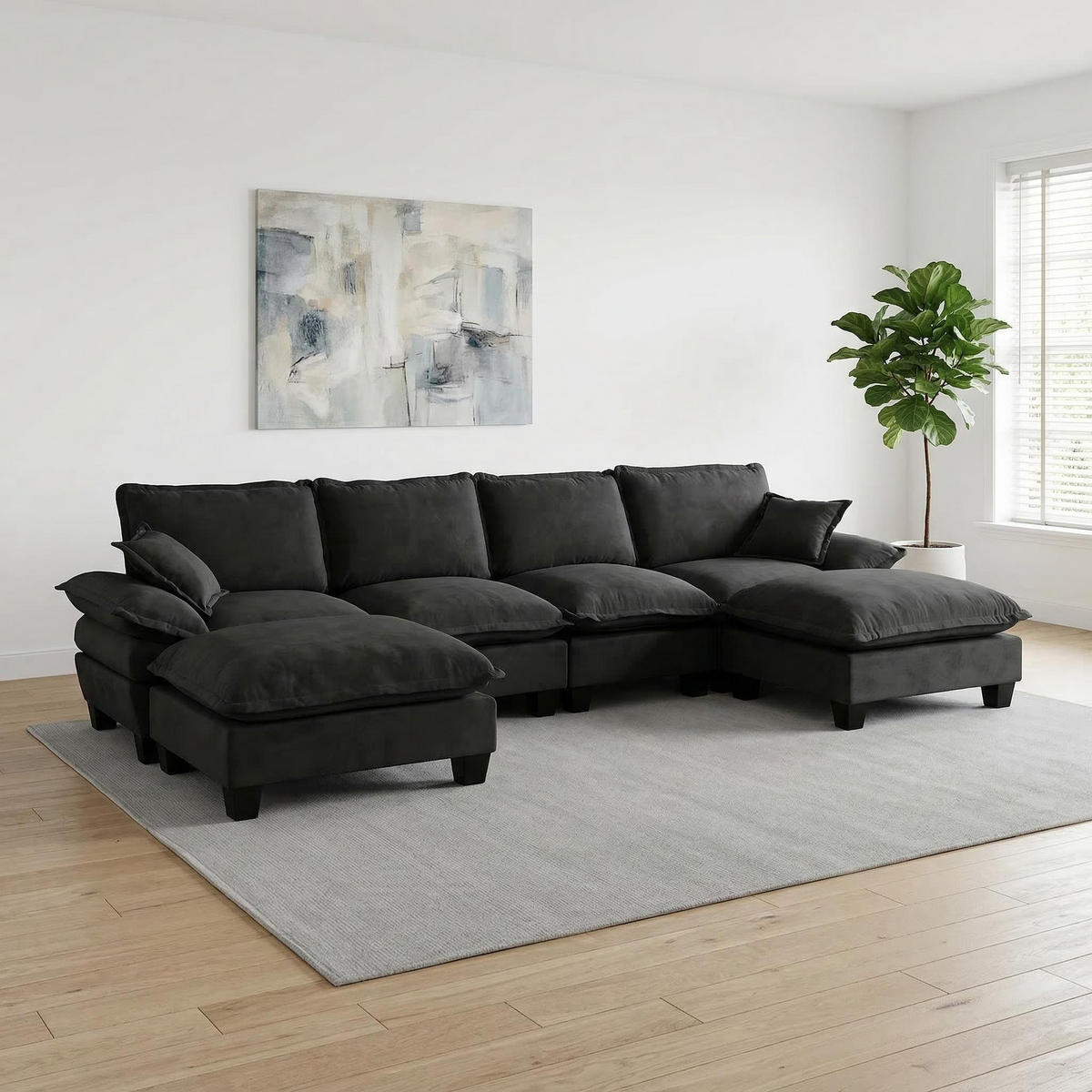 WOHNLANDSCHAFT Schwarz 332/151/90 cm 6-Sitzer Modular mit Hocker - Schwarz, Textil (332/90/151cm) - PANGIVO