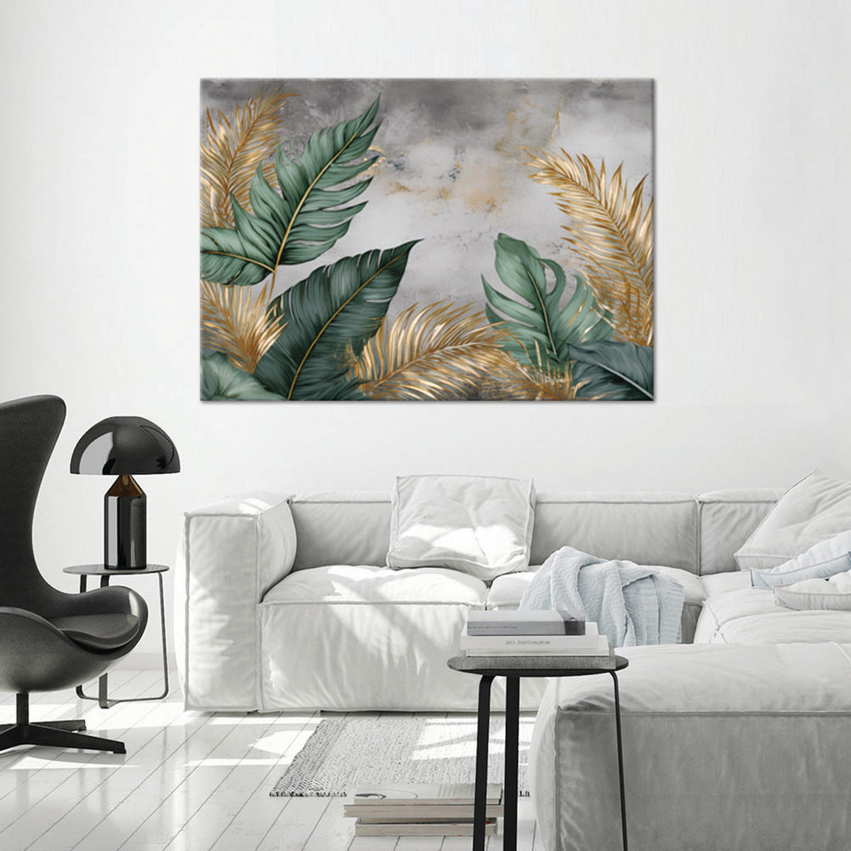 WANDBILD goldene und grüne blätter auf grauem hintergrund - Grau, Textil (60/40cm) - Feeby