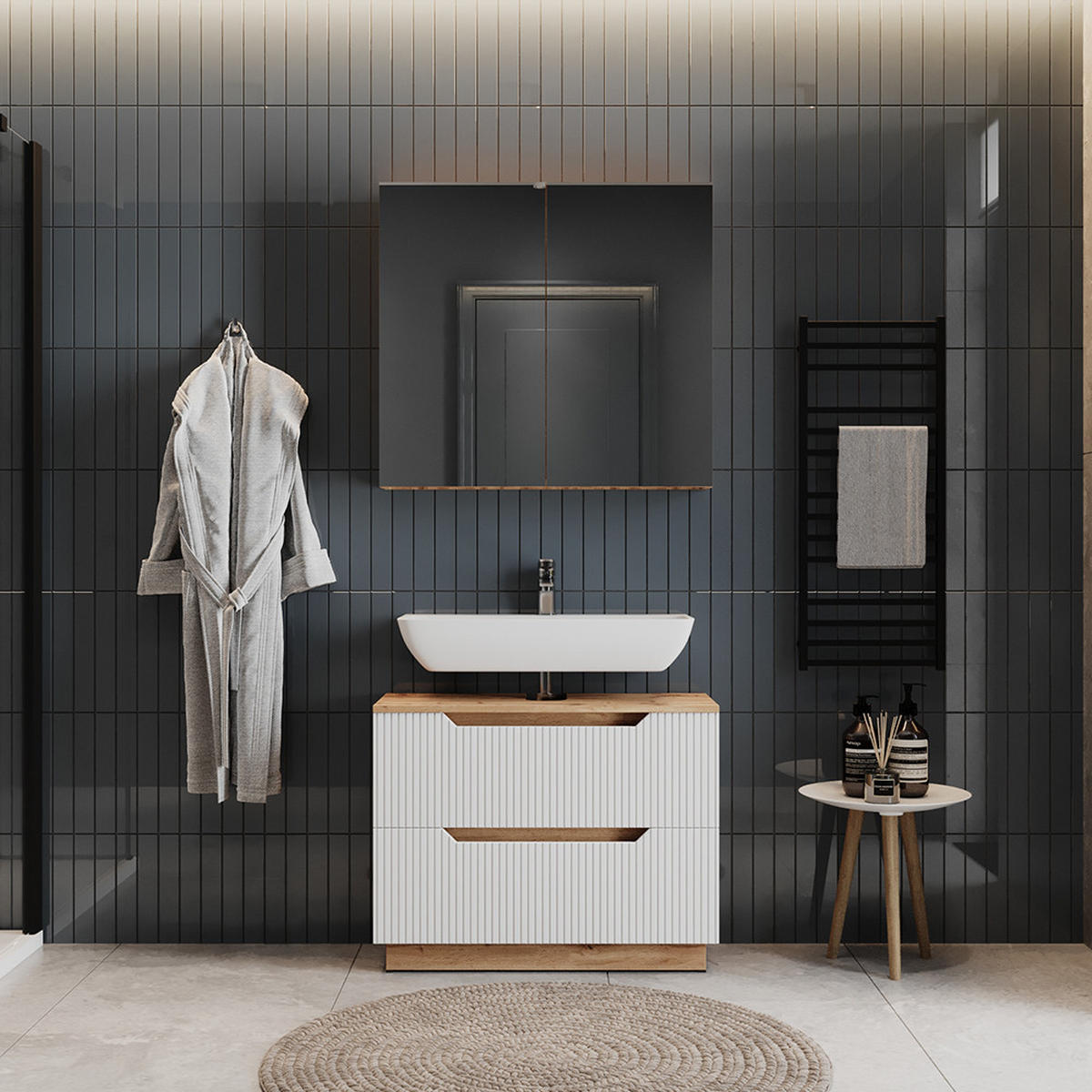 BADMÖBEL-SET Lotta Eiche/weiß gestreift 2 Teile - Eichefarben/Weiß, Holzwerkstoff (79.6/62.5/32cm) - Vicco