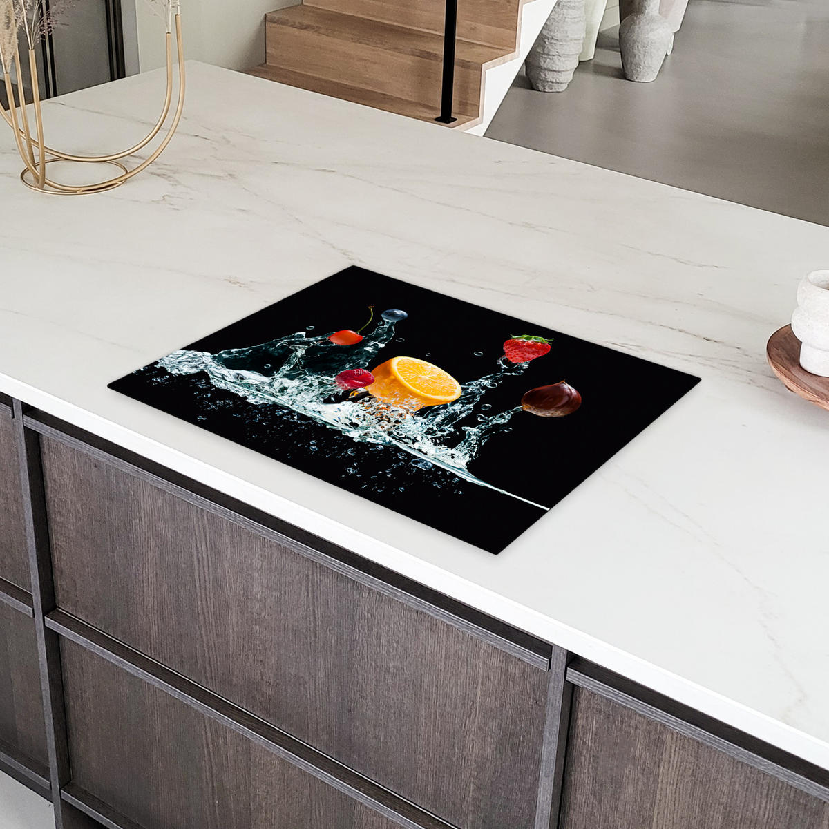 HERDABDECKPLATTE Wasser - Obst - Orange - Erdbeere - Kirsche - Schwarz 70x52 cm - Orange, Kunststoff (70/0.2/52cm) - MuchoWow