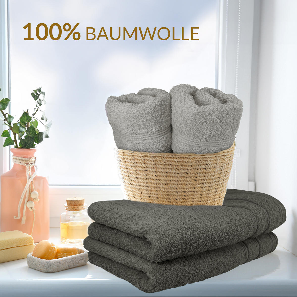 HANDTUCH Set London 8-teilig, 2x Duschtuch 70x140 + 2x Handtuch 50x100 + 2x Gästetuch 30x50 + 2x Waschlappen 30x30 Anthrazit - Stein - Anthrazit/Grau, Textil (70/140cm) - Lashuma