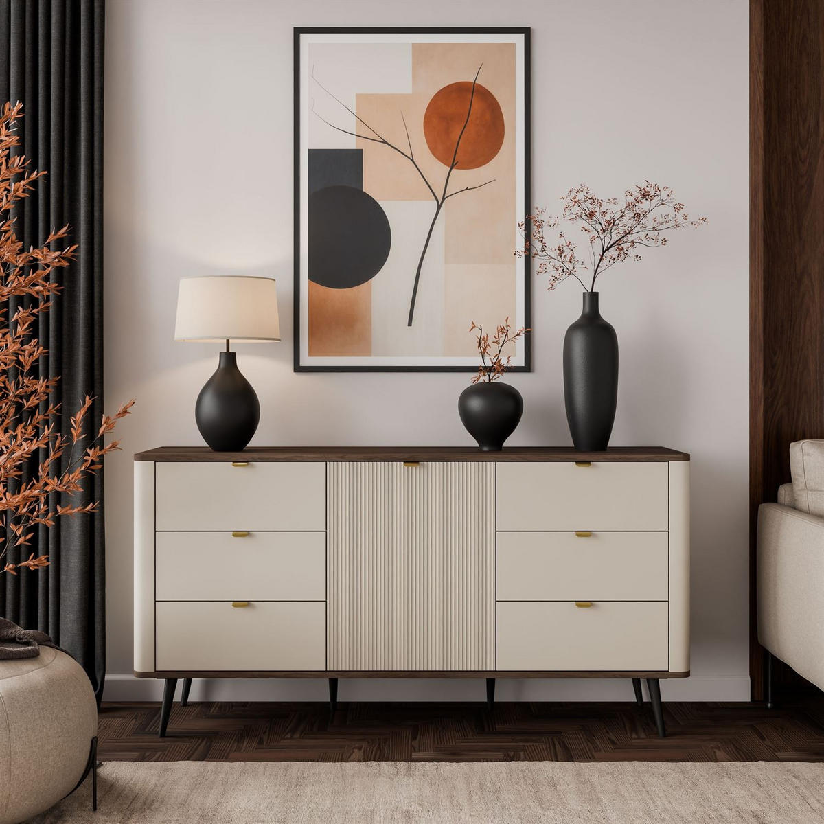 KOMMODE für den Flur AUTUMN 1D6S mit sechs Schubladen, Kaschmir / Nussbaum - Beige/Braun, Holzwerkstoff (160/82/40cm) - Lookway