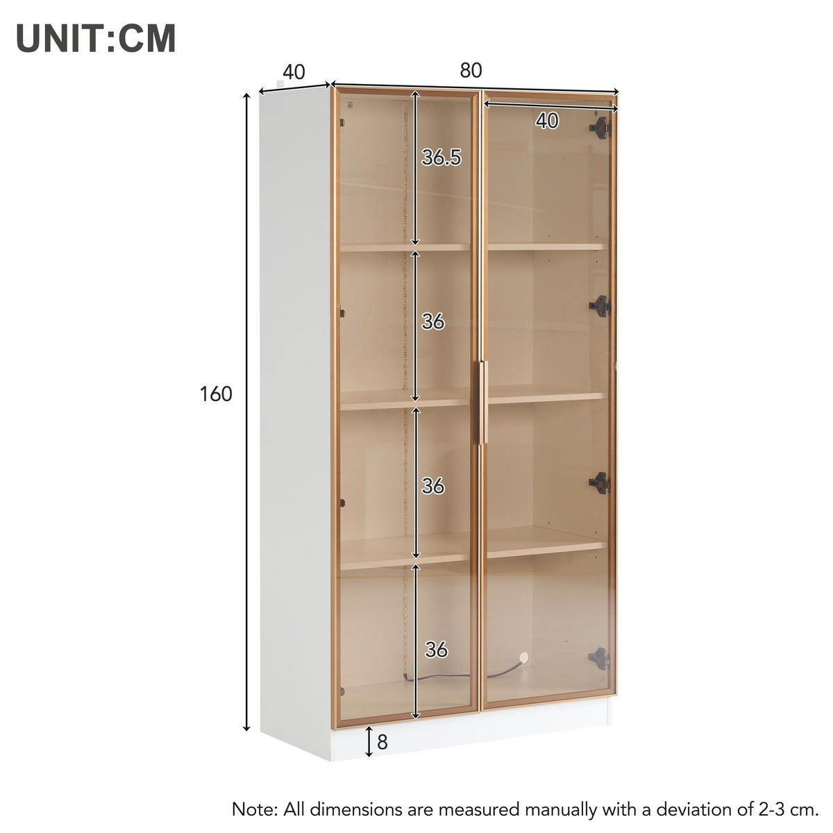 STANDVITRINE 160/35/100 cm, mattweiß mit goldenen Griffen und Metallbeinen, 4 Türen, höhenverstellbare Einlegeböden, Weiß - Weiß, Holzwerkstoff (80/160/40cm) - Redom