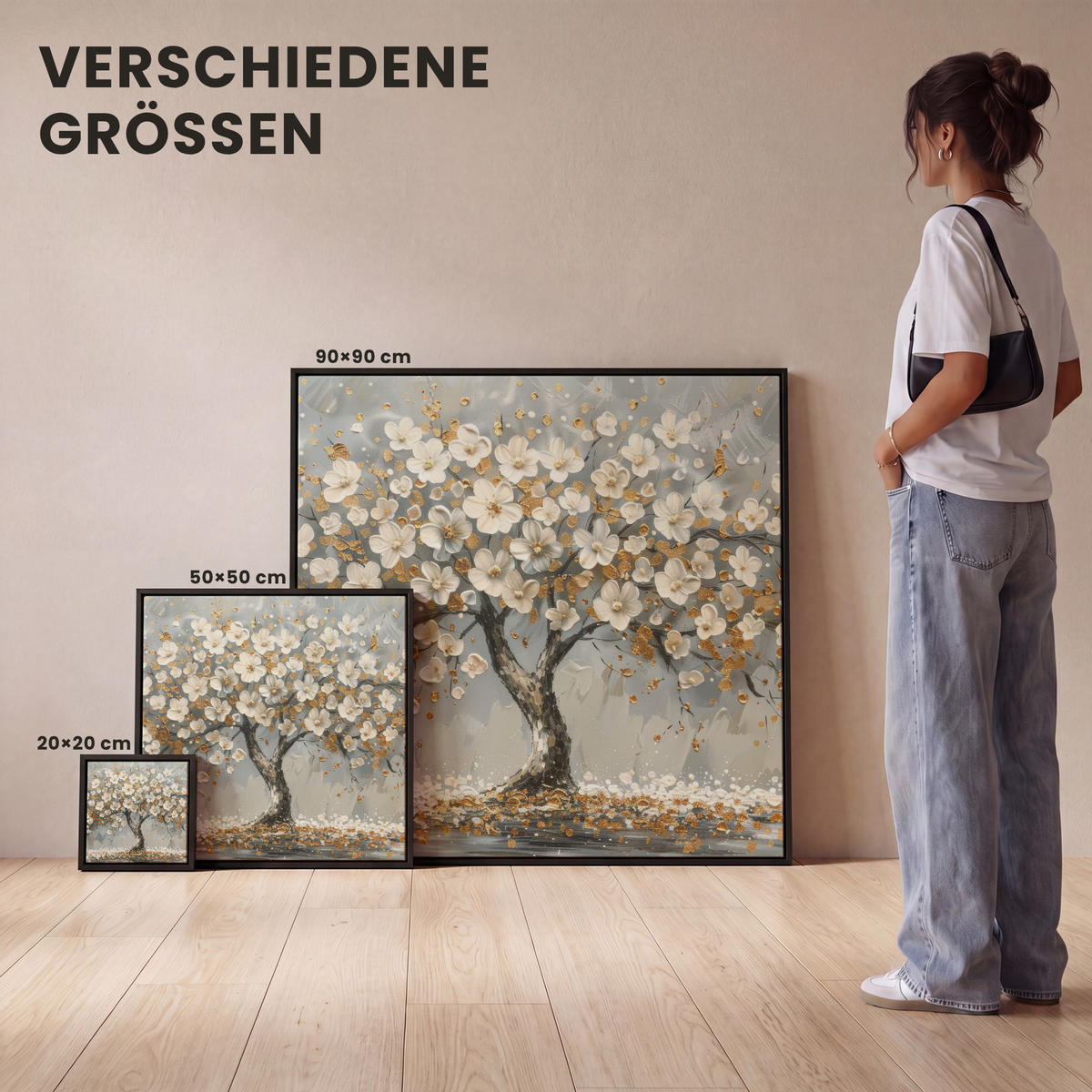 LEINWAND Bilder mit Rahmen - Baum - Blumen - Weiß - Natur - Kunst - 50x50 - Weiß, Textil (50/50cm) - MuchoWow