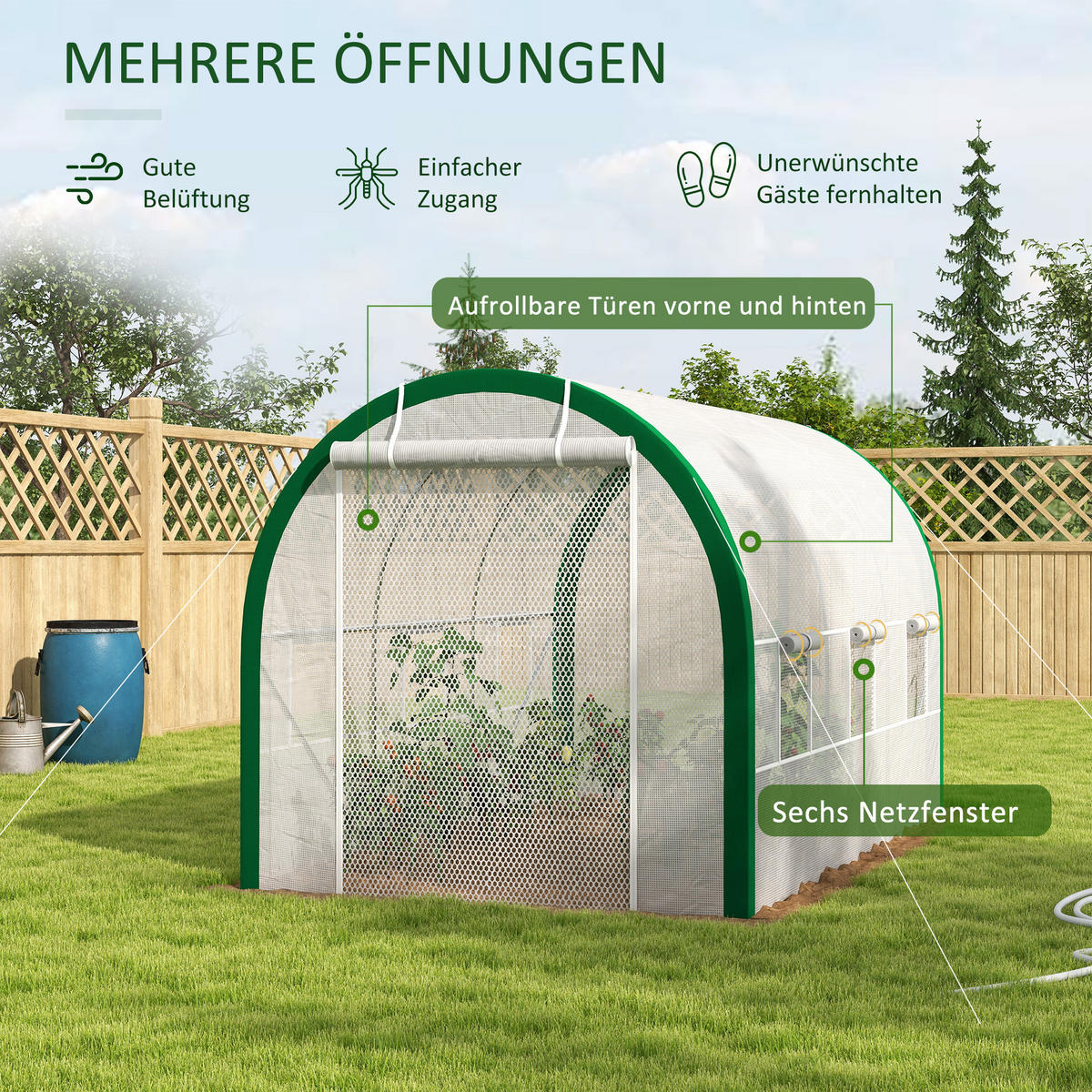 FOLIENGEWÄCHSHAUS mit Rolltür mit Fenster, Verzinkter Stahl, PE, Polyester, Weiß - Weiß, Kunststoff/Metall (210/210/358cm) - Outsunny