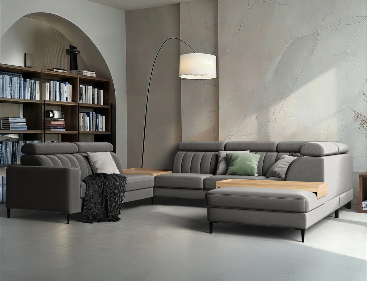 WOHNLANDSCHAFT Wohl U – Grau, mit Schlaffunktion, Bettkasten - Grau, Textil (356/88/262cm)