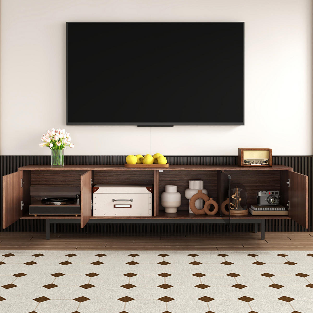 TV-LOWBOARD 200/35/53 cm mit LED-Beleuchtung und Glaselementen - Schwarz, Holzwerkstoff (200/53/35cm) - BEAOK