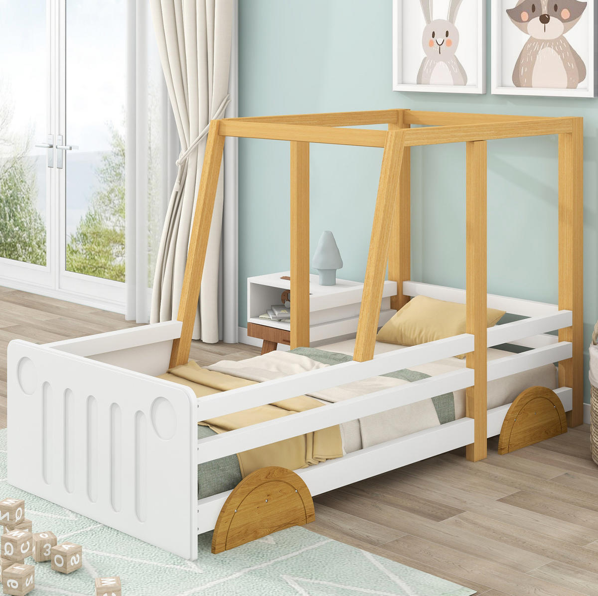 KINDERBETT aus Kiefer und MDF 90x200 cm Weiß/Natur mit vierseitigem Rausfallschutz in Autoform - Weiß, Holzwerkstoff (90/200cm) - Modfu