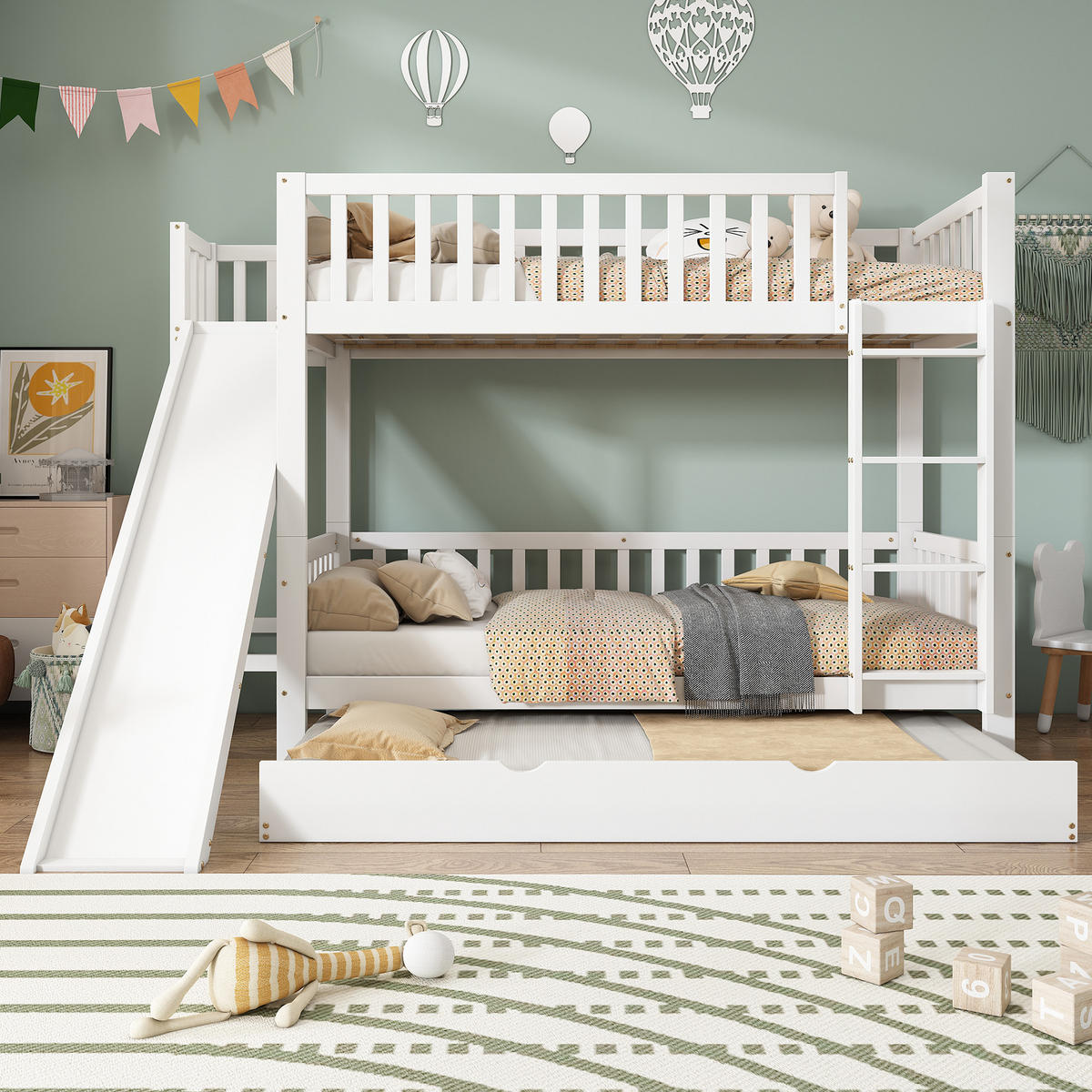 ETAGENBETT 90/200 und 90/190 cm Weiß mit Rutsche und Rollbett aus Kiefer und MDF - Weiß, Holzwerkstoff (90/200cm) - OKWISH