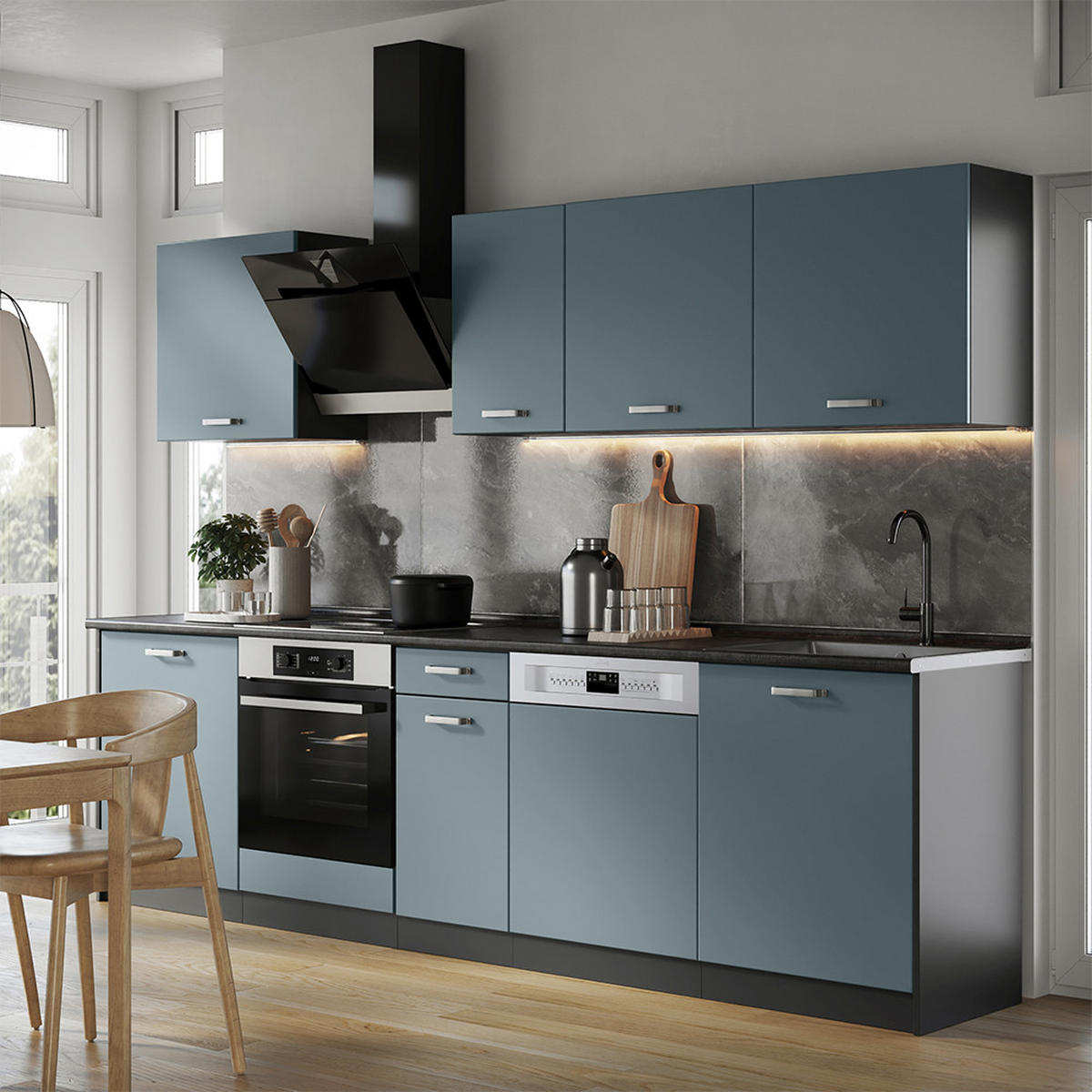 KÜCHENZEILE R-Line, Blau-Grau/Anthrazit, 280 cm ohne Arbeitsplatte - Anthrazit/Blaugrau, Holzwerkstoff (280/206.8/46cm) - Vicco