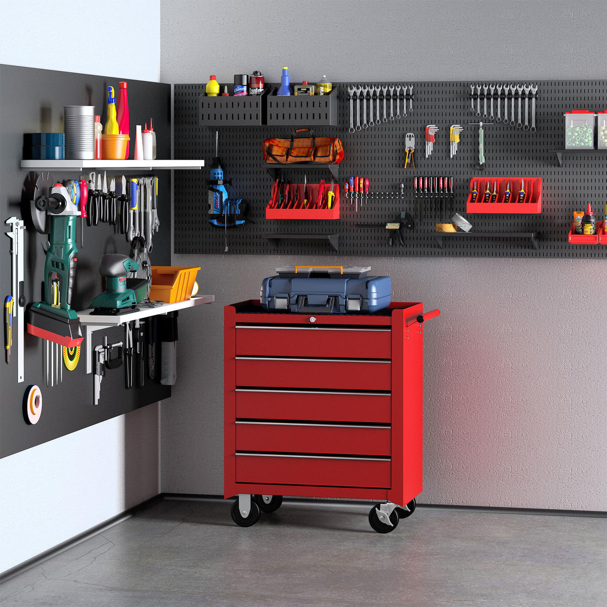 WERKZEUGWAGEN, 5-Schubladen-Wagen mit Schloss, 67,5 x 33 x 77 cm, Rot - Multicolor, Kunststoff (33/77/67.5cm) - FORIOUS