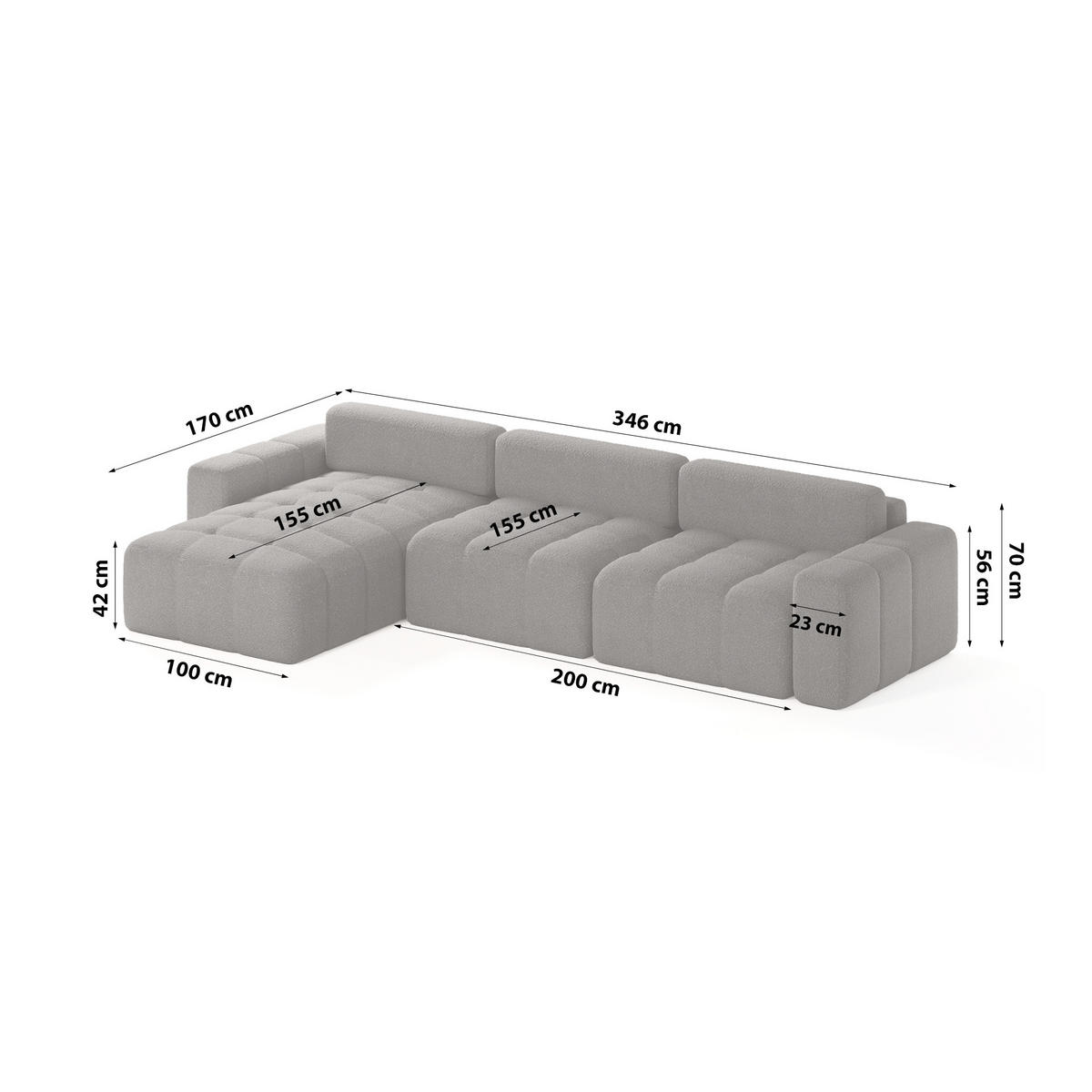 ECKSOFA Bouclé-Stoff 8 Sitzer Bornum So, Grau - Grau, Textil (346/170cm) - Meblito