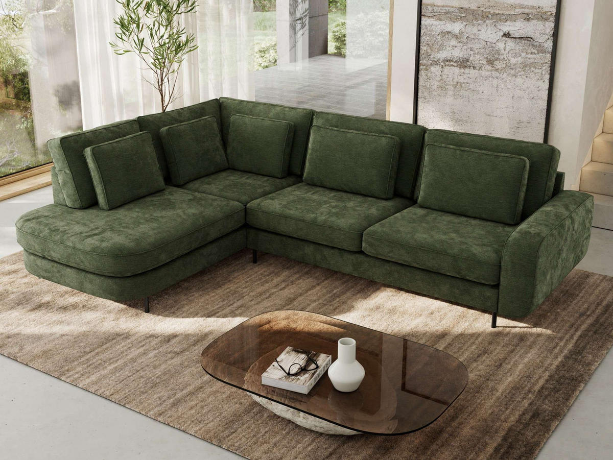 ROHOVÁ SEDAČKA CALENO L - Tmavě zelená Hrubě tkaná žinylka - Pravá Strana - černá/tmavě zelená, kov/textil (317/225cm) - MKS
