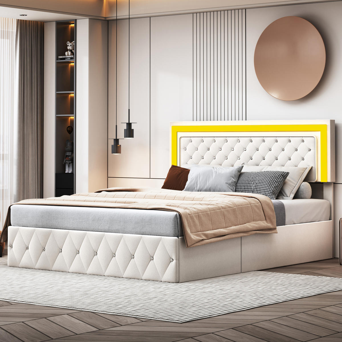 BETT 140x200 cm mit LED, Doppelbett 140x200 cm mit Bettkasten, Lattenrost, Polsterbett Skandinavisches Design, Beige Samt - Beige, Metall (140/200cm) - GENKI LIVING