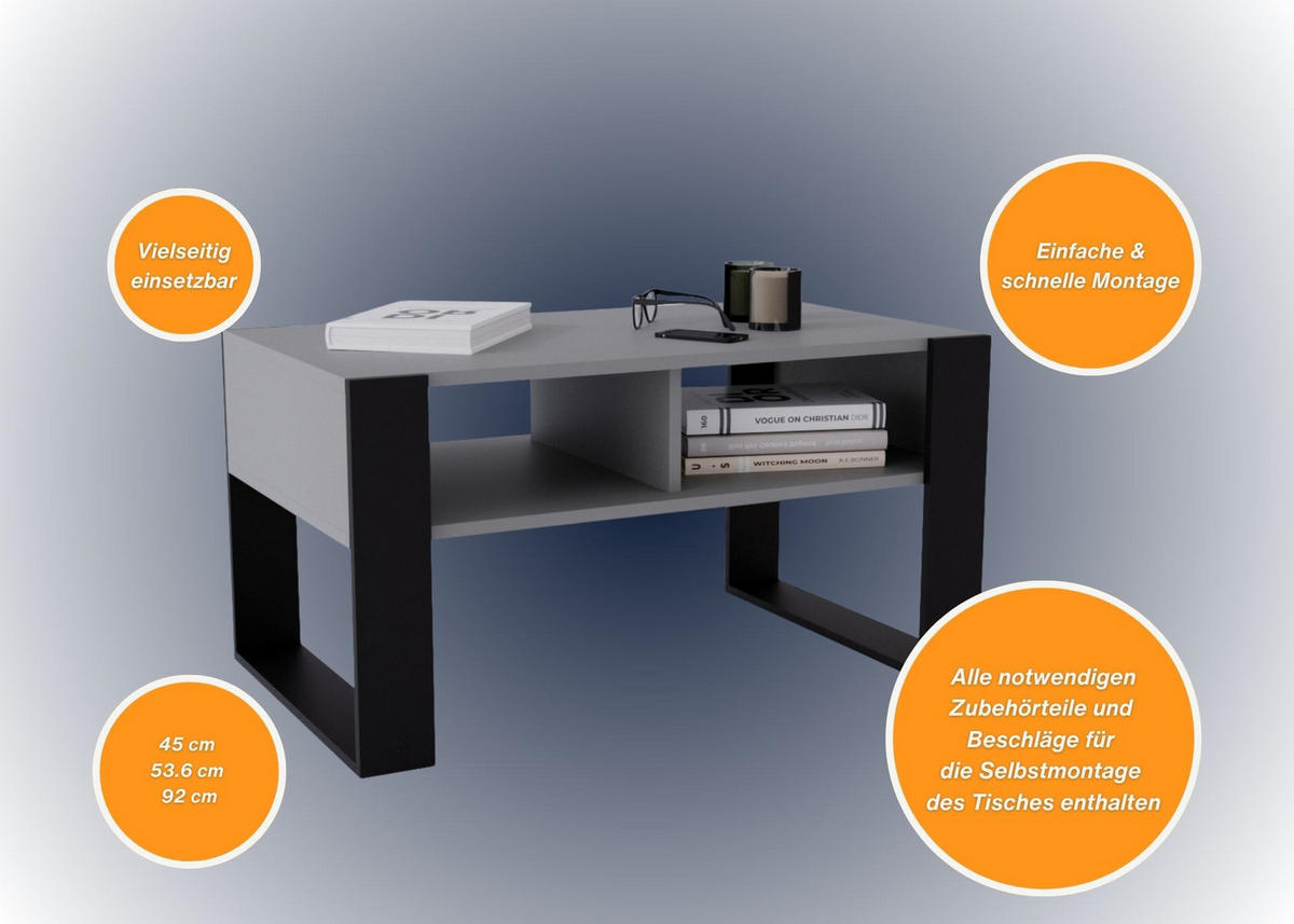 COUCHTISCH Kora92 92/45/53,6 - Dunkelgrau/Schwarz, Holzwerkstoff (54/92/45cm) - RAUMHIRSCH FURNITURE