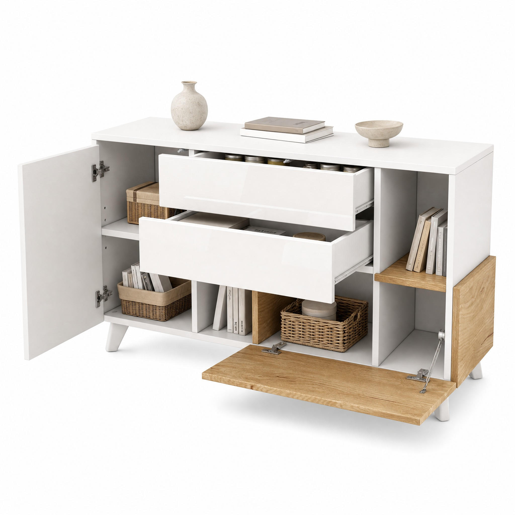 SIDEBOARD i vit med förvaring och lådor för vardagsrum, B130/D40/H70cm - Vit, Träbaserade material (130/70/40cm) - STILVORA