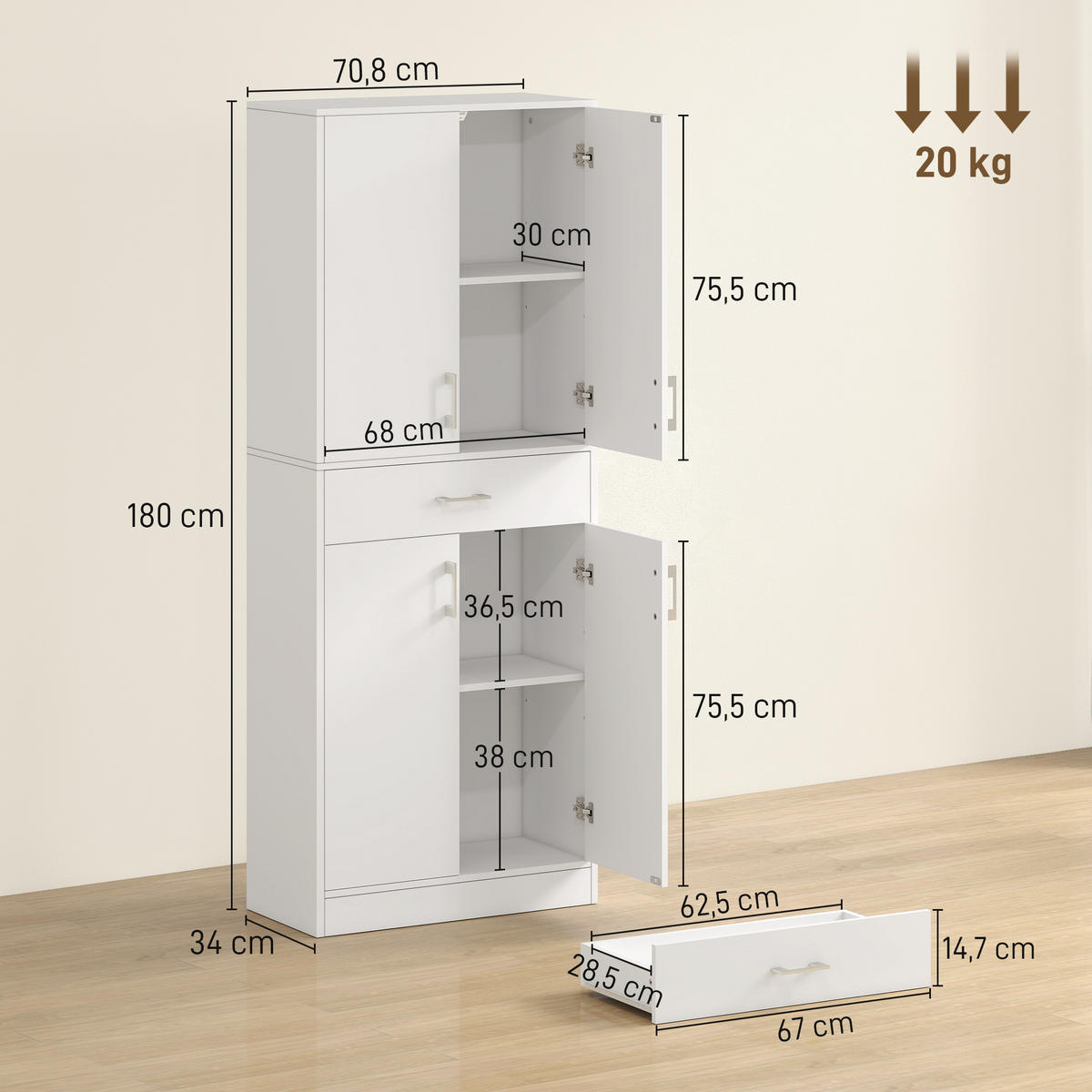HIGHBOARD DE-11060 4 Türen & Schublade mit verstellbaren Böden Weiß - Weiß, Holzwerkstoff (34/180/70.8cm) - ComfortXL