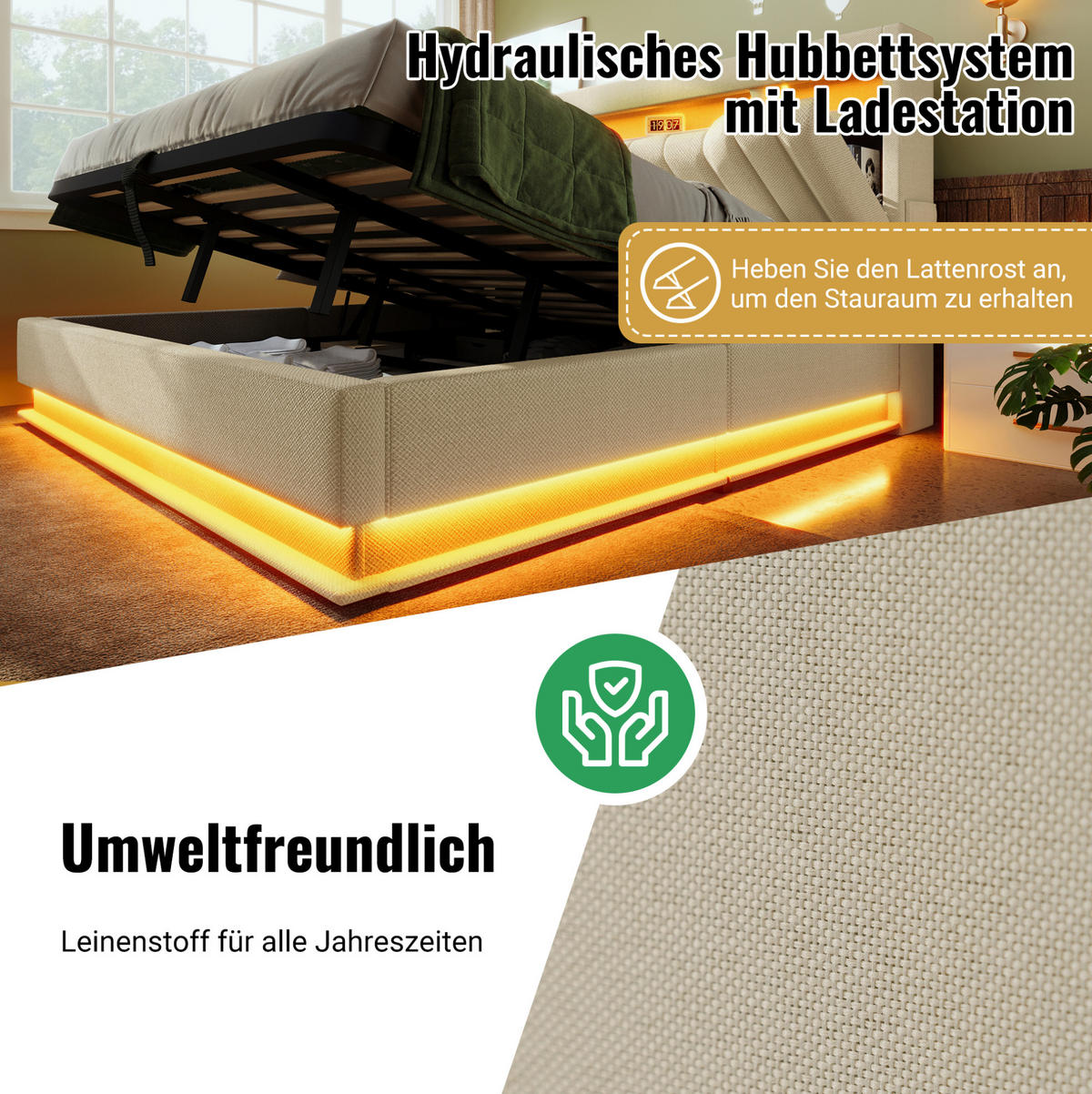 POLSTERBETT 90/200 cm Beige aus Leinen mit Matratze und LED-Beleuchtung - Beige, Textil (90/200cm) - OKMYHOME