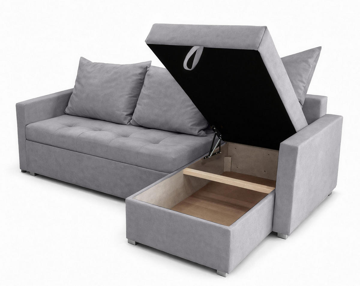 ECKSOFA Universelle L Form Elif Hellgrau 220/140/85 cm stilvolle mit Schlaffunktion - Silberfarben/Hellgrau, Kunststoff/Textil (220/140cm) - AX Living