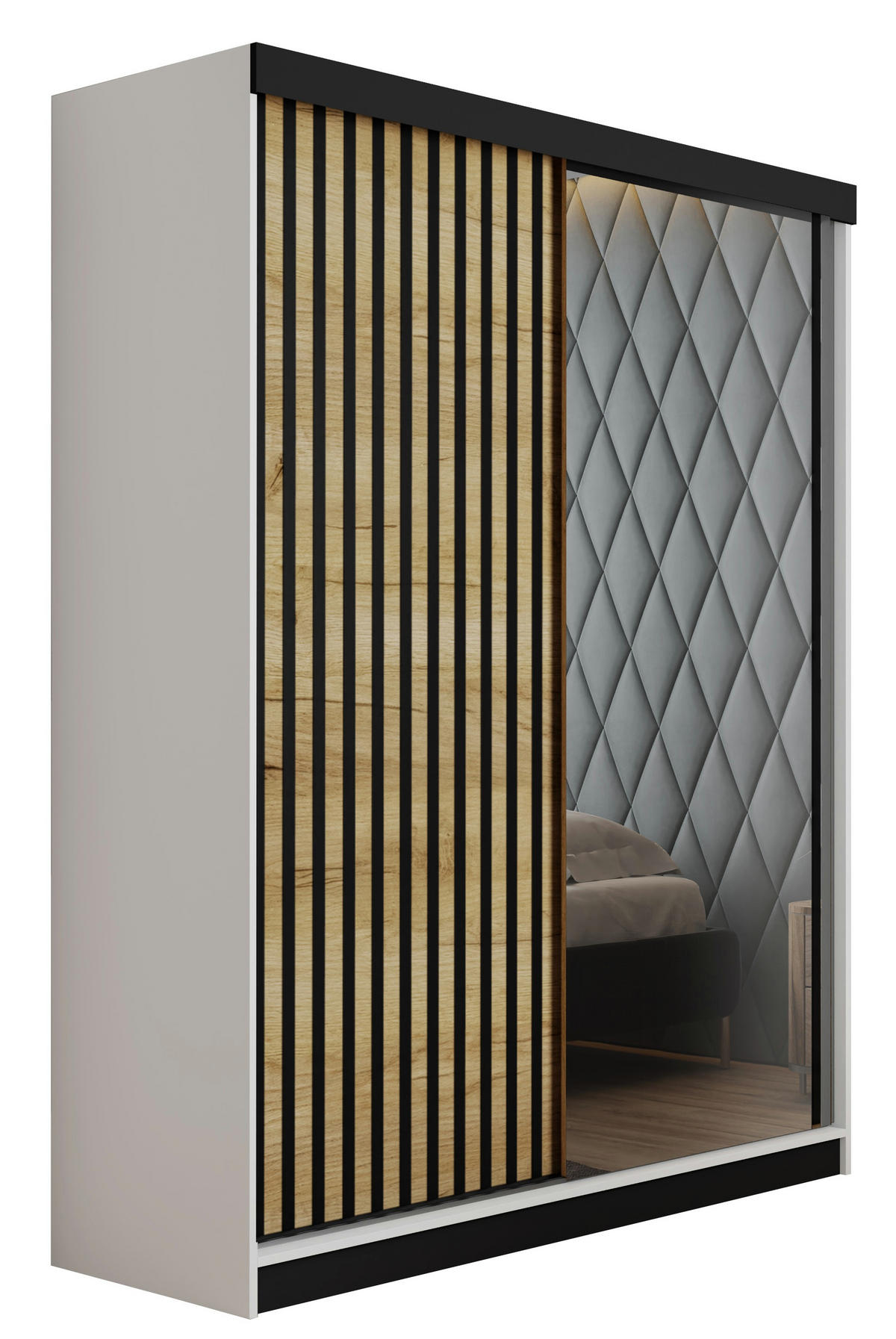 SCHIEBETÜRENSCHRANK MALANI - Weiß & Eiche Craft Gold 138x205x59 cm - Honigeiche/Weiß, Holzwerkstoff (138/205/59cm) - Kier Furniture