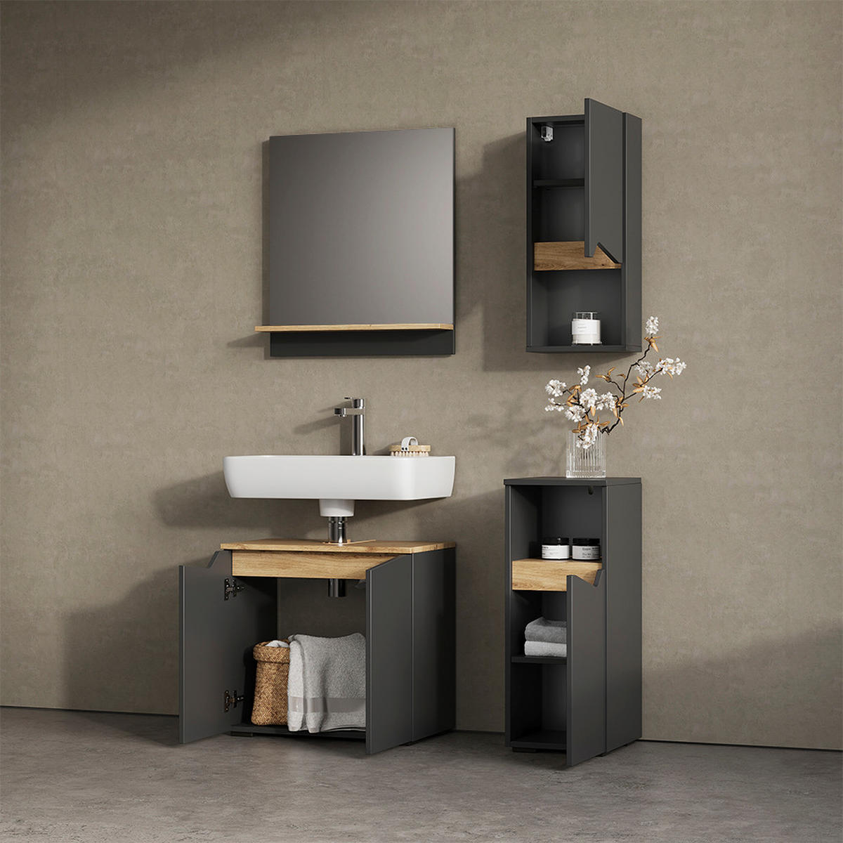 BADSCHRANK Timavo Anthrazit 30 x 67 cm mit Tür und offenem Fach - Anthrazit, Holzwerkstoff (30/67/17cm) - Livinity®