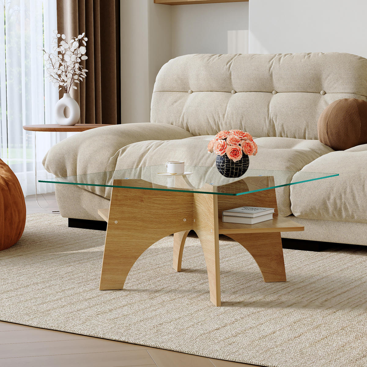 COUCHTISCH aus MDF und Sicherheitsglas 80x80x40 cm in Naturfarben - Naturfarben, Glas (80/80/40cm) - Modfu