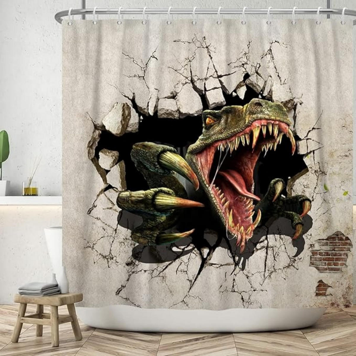 DUSCHVORHANG Dinosaurier Vintage wand waschbar Stoff wasserdicht für Badewanne mit Haken - Grün, Textil (180/180cm) - MCBOSON