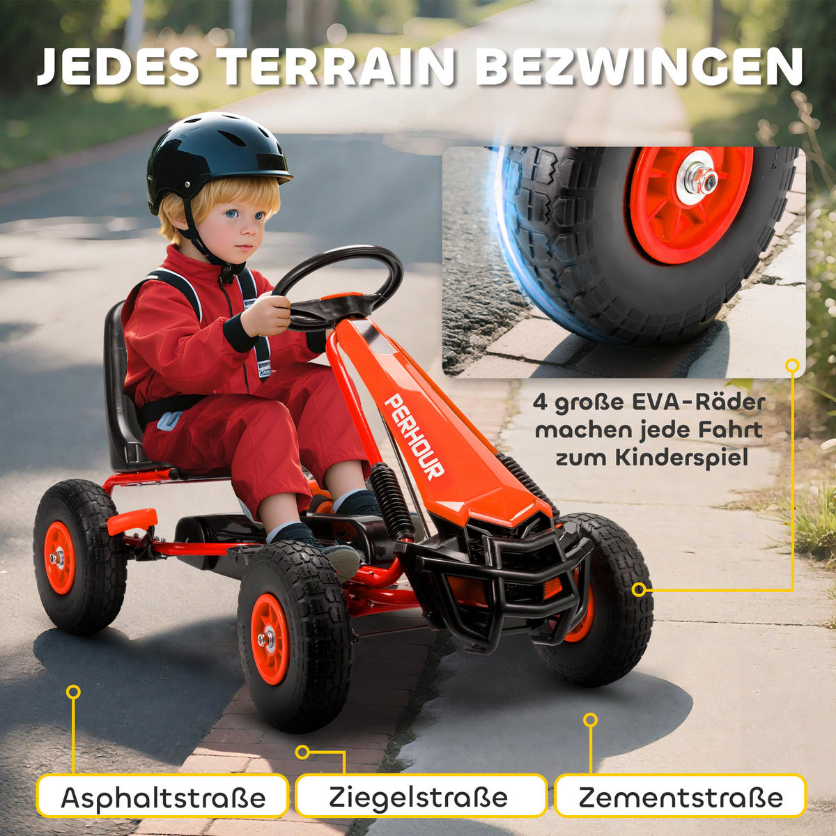 GOKART, šlapací autíčko s ruční brzdou, nastavitelným sedadlem, jízdou vpřed a vzad - červená, kov (110/61/62cm) - AIYAPLAY
