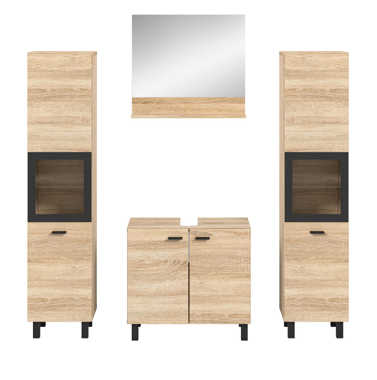 BADMÖBEL-SET Eiche 4-teilig 140 cm, Komplettset hängend oder stehend - Eichefarben/Schwarz, Glas/Holzwerkstoff (137/186/33cm) - Inn.Furn