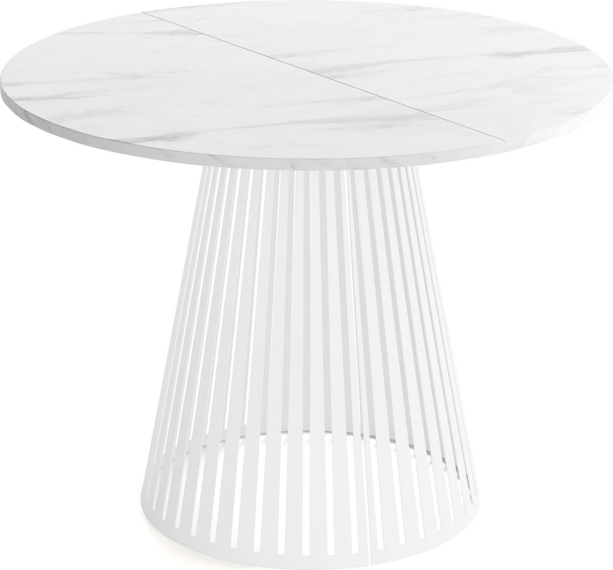 ESSTISCH Naro rund ausziehbar mit Weißem Lamellen-Metallgestell, Marmor Weiß 120-200/120/76 cm - Ecru/Weiß, Holzwerkstoff/Metall (120/120/76cm) - WFL GROUP
